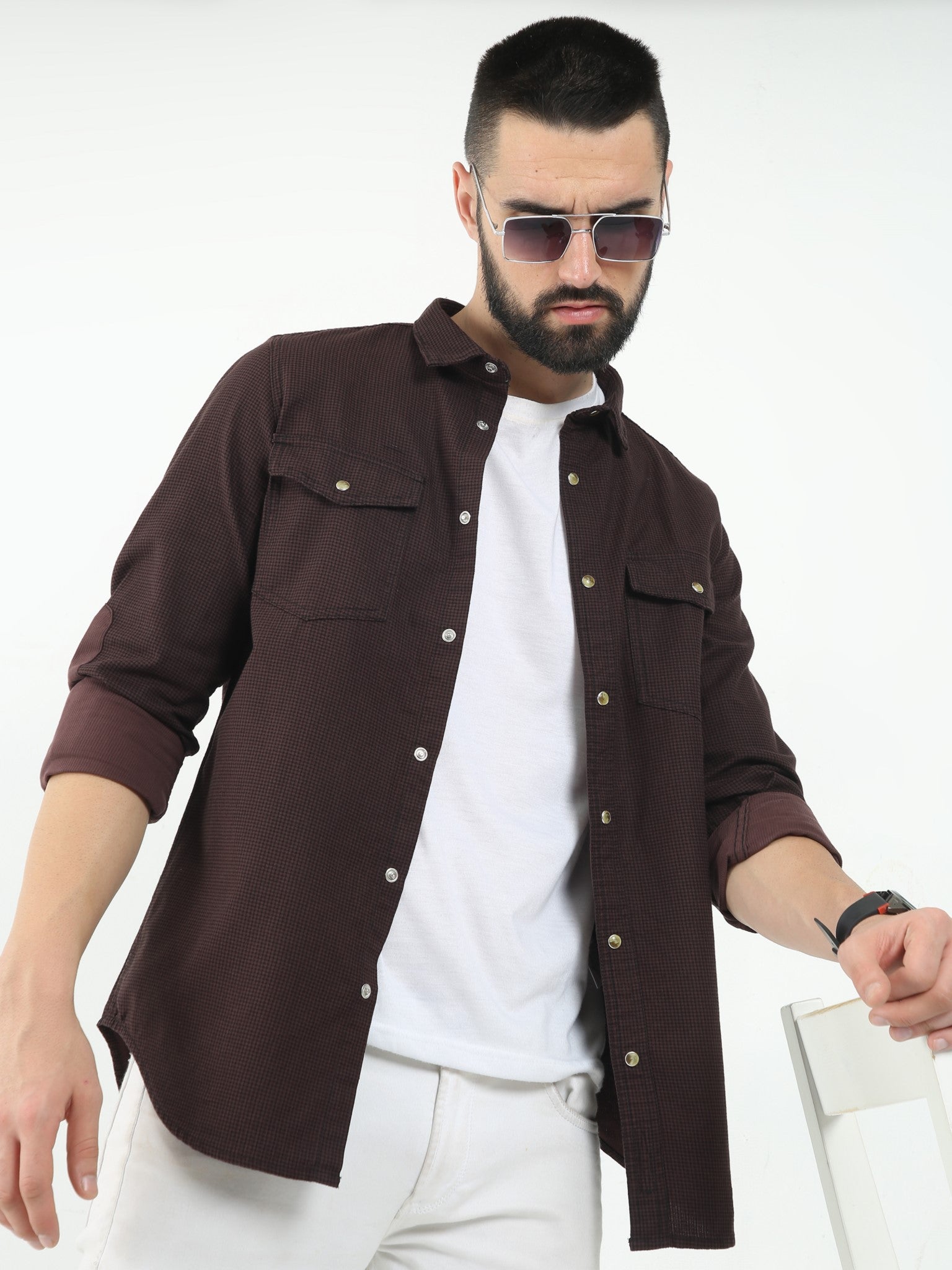Elbow Patch Brownish Purple Shirt for Men