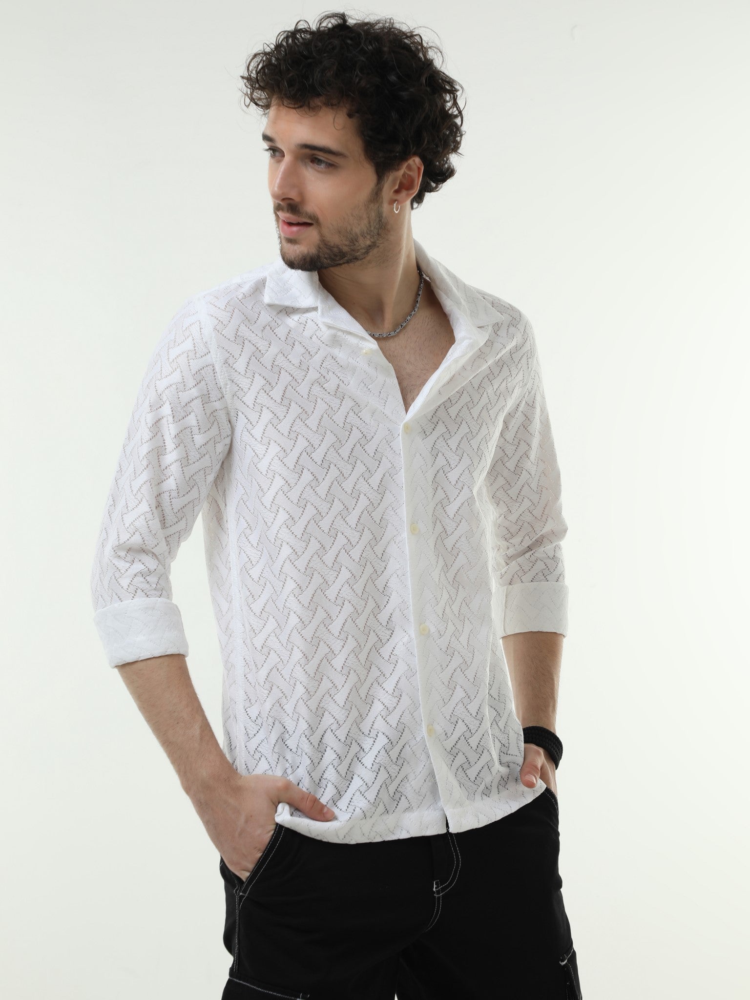 Cragged Crochet White Shirt for Men