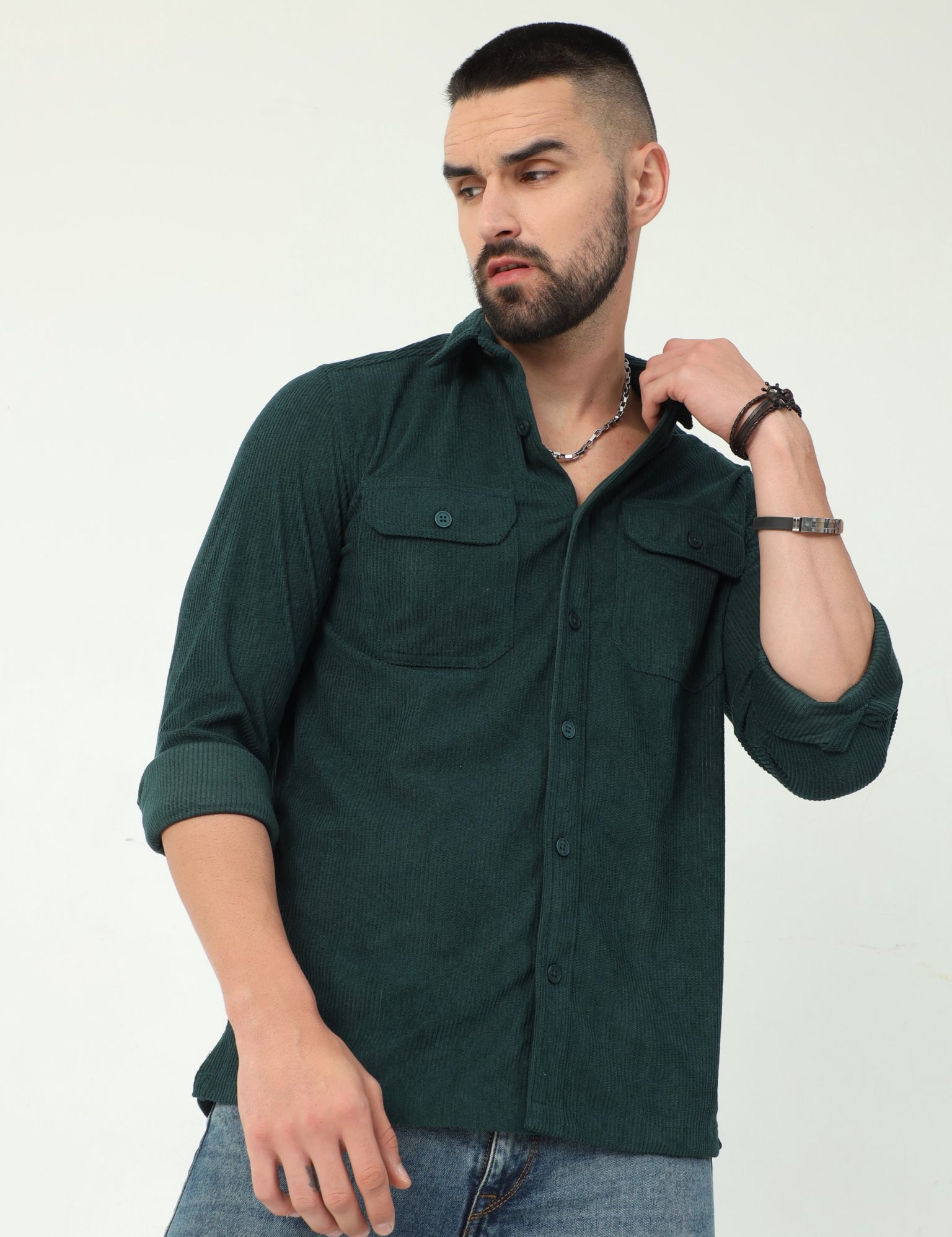 Vintage Dark Green Corduroy Shirt for Men 