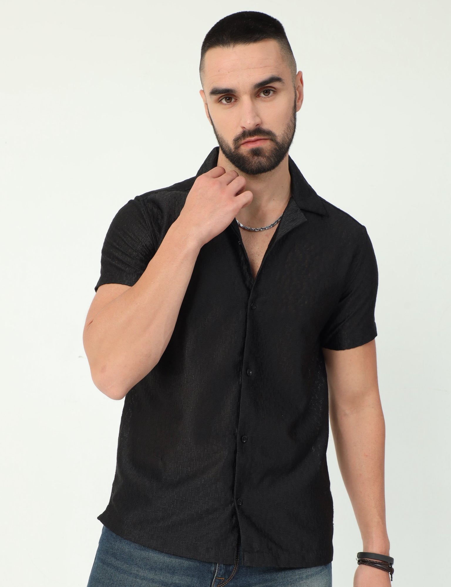 Lattice Black Crochet Shirt for Men