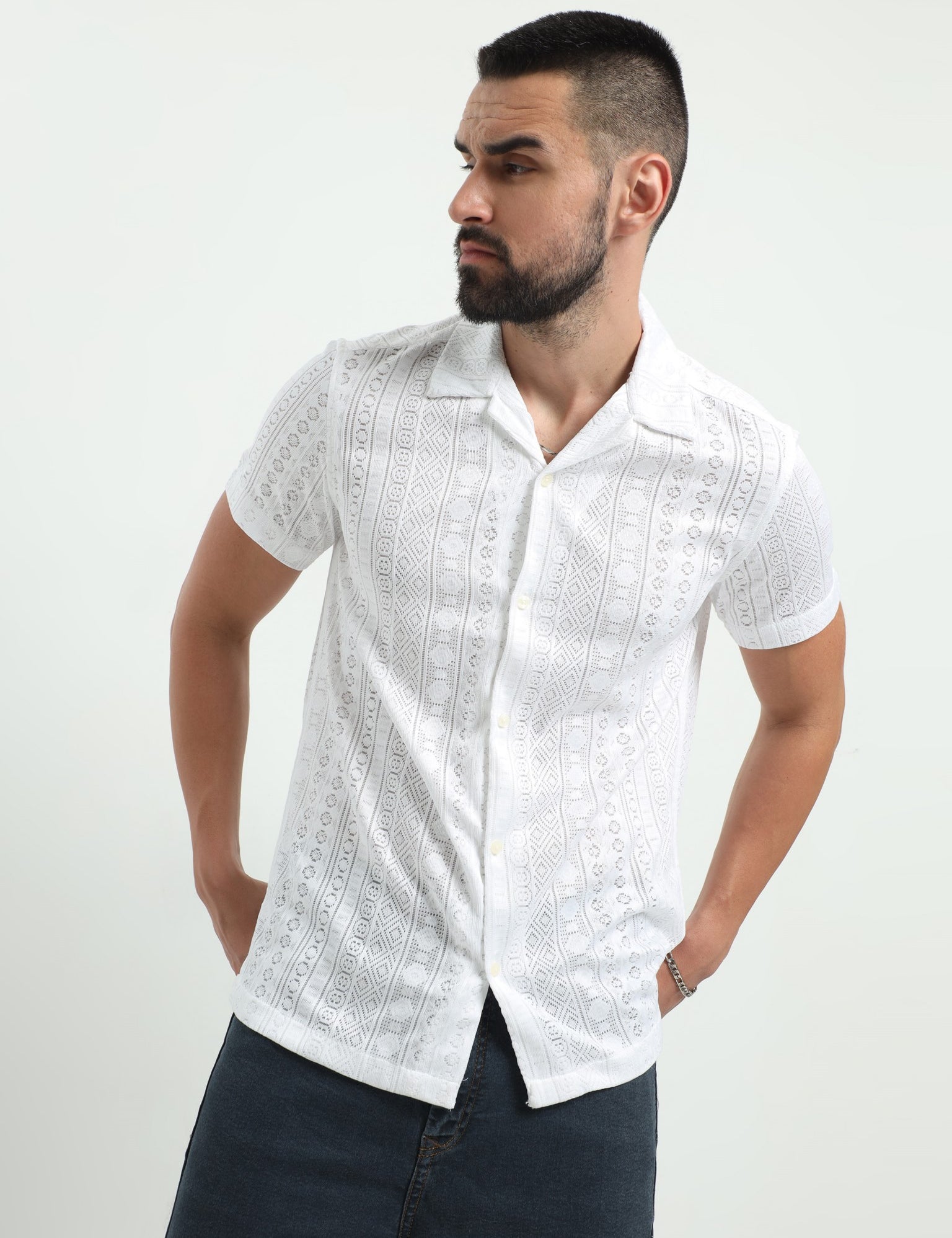 Bold Crochet White Shirt for Men