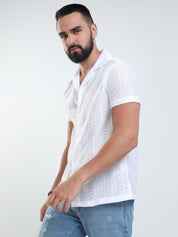 Geo Crochet White Shirt for Men