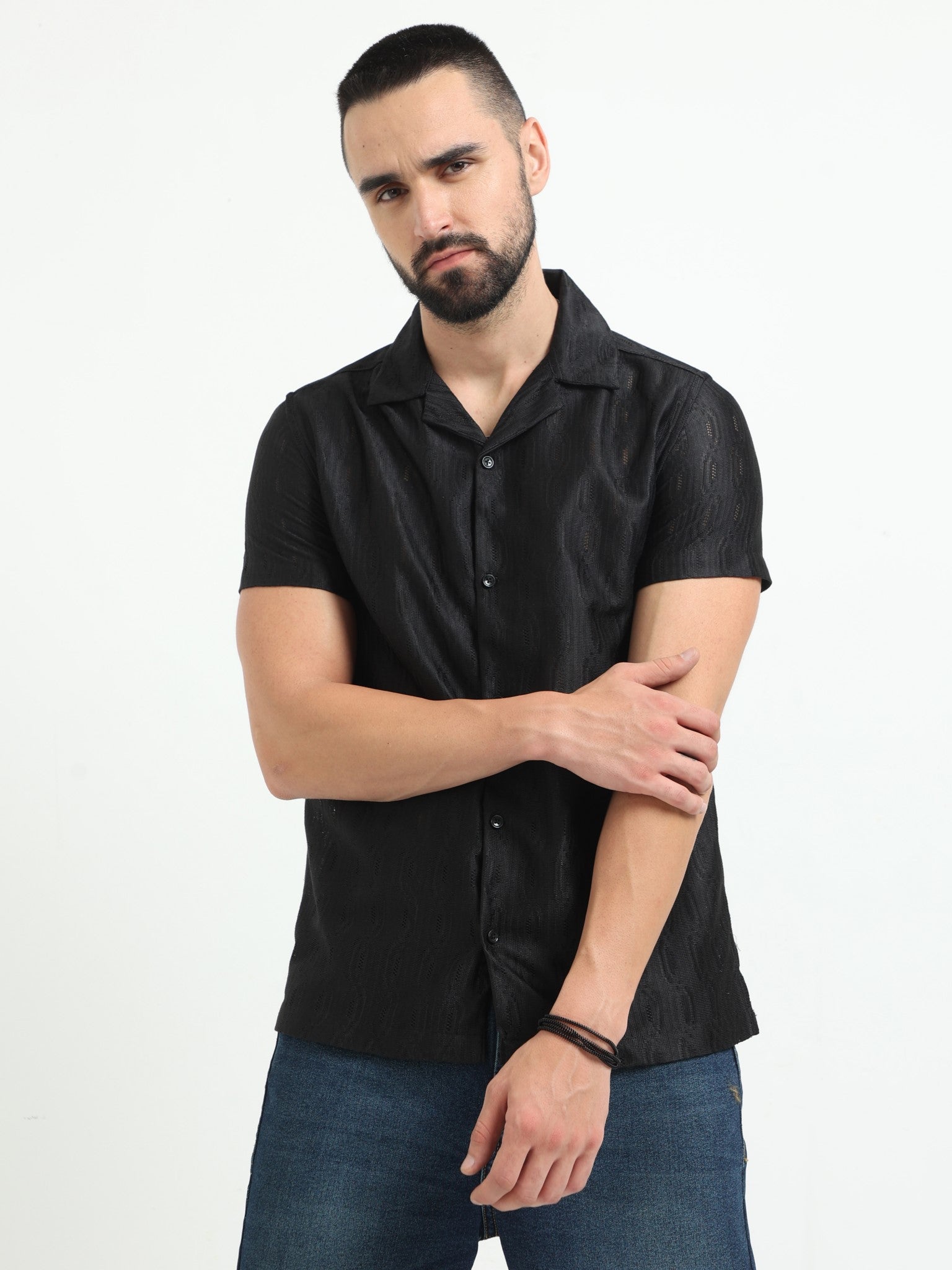 Meld Crochet Black Shirt for Men