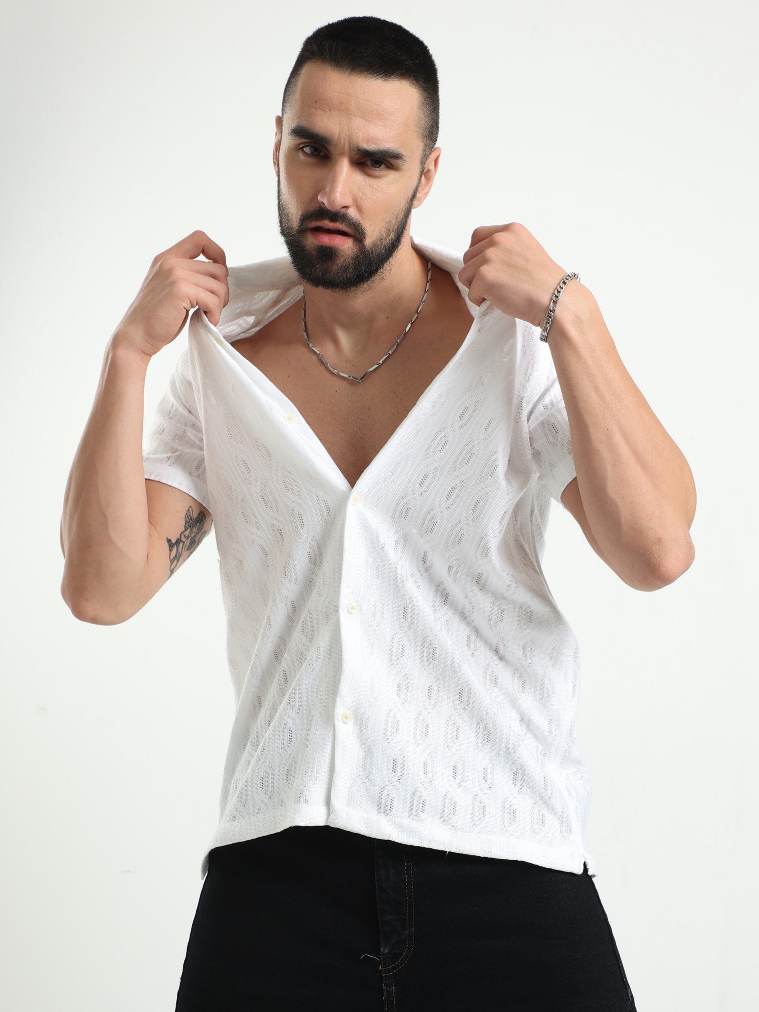 Meld Crochet White Shirt for Men