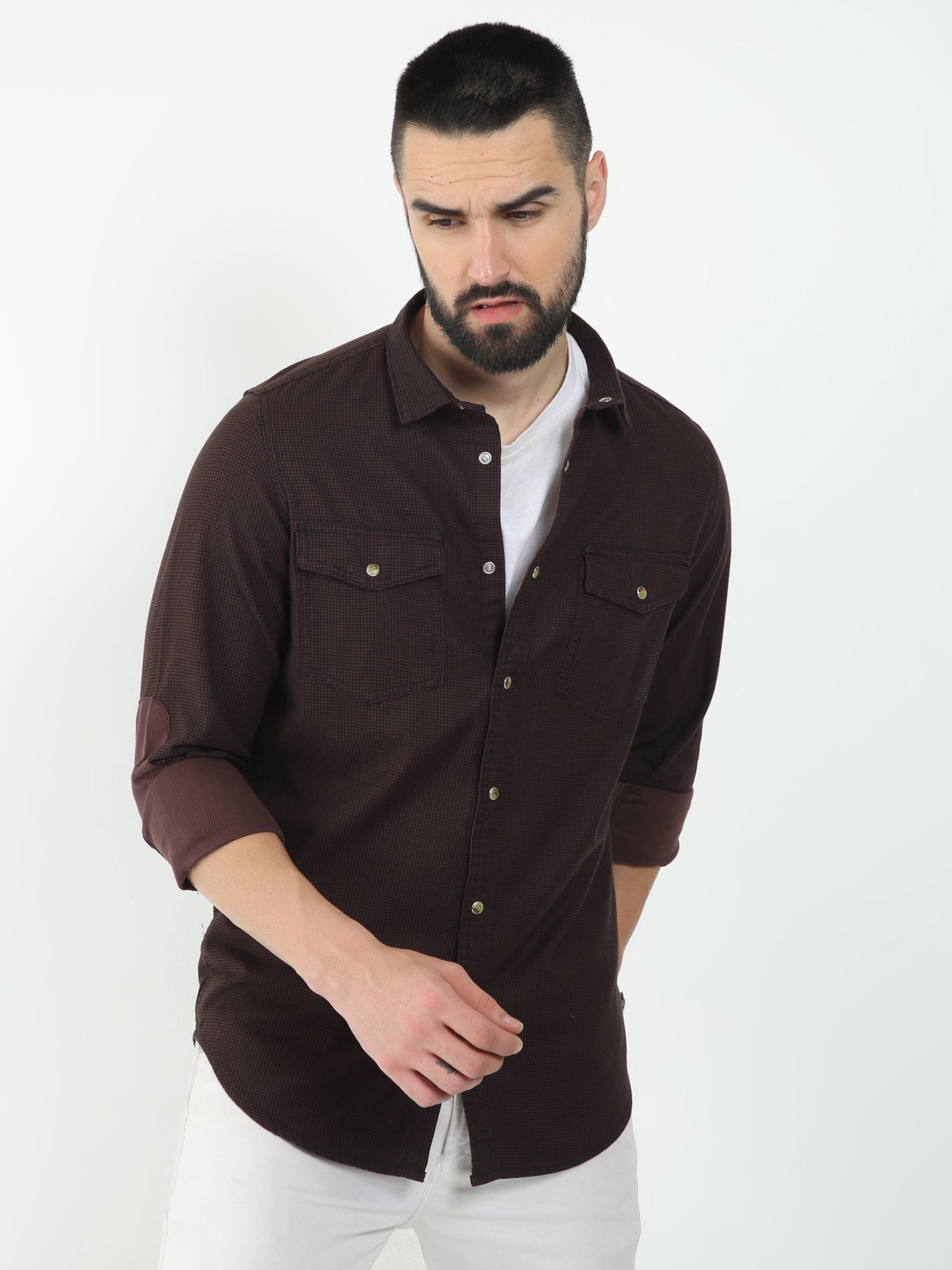 Elbow Patch Brownish Purple Shirt for Men