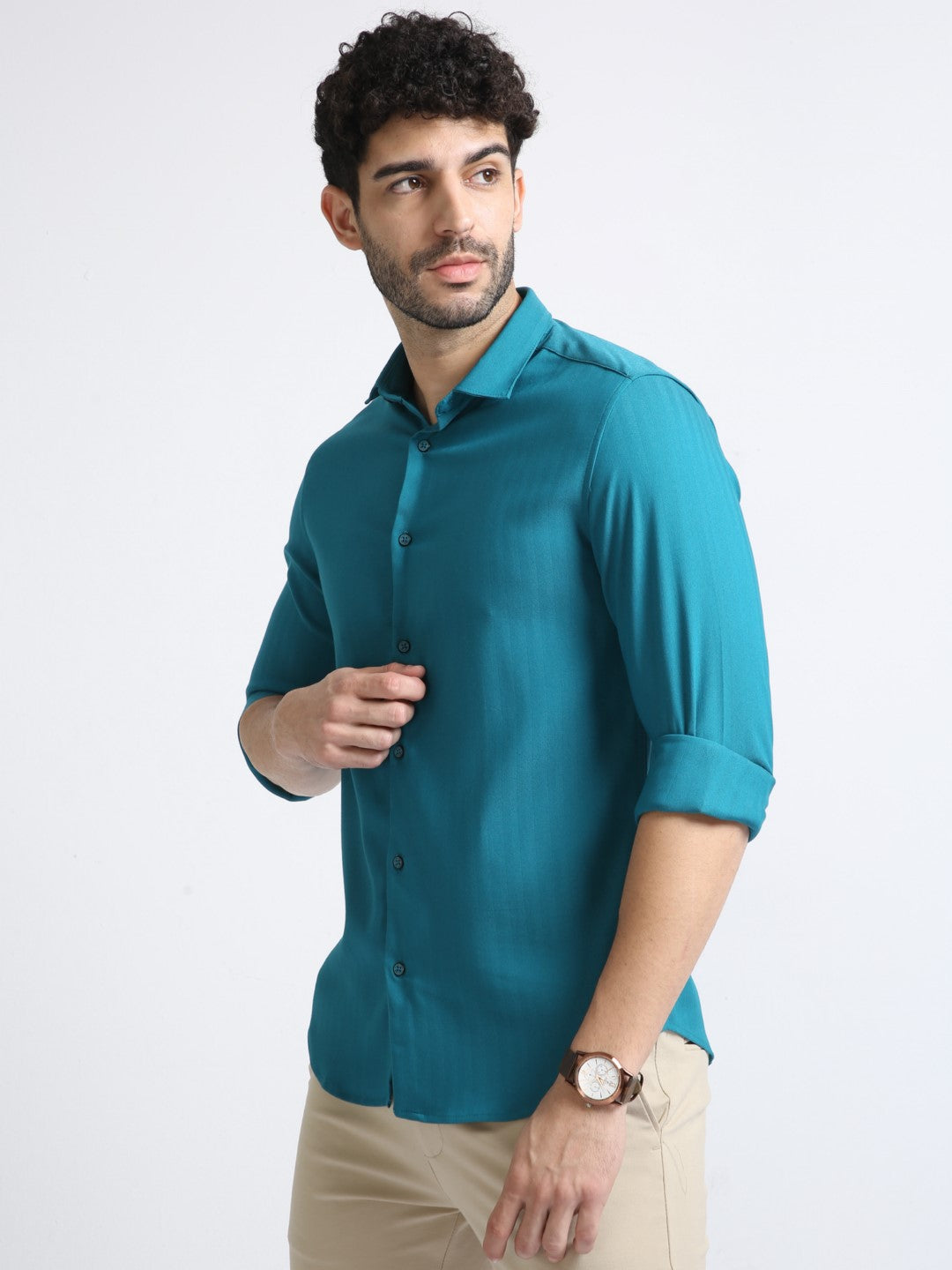 Herringbone Blue Slim Fit Stretch Shirt for Men