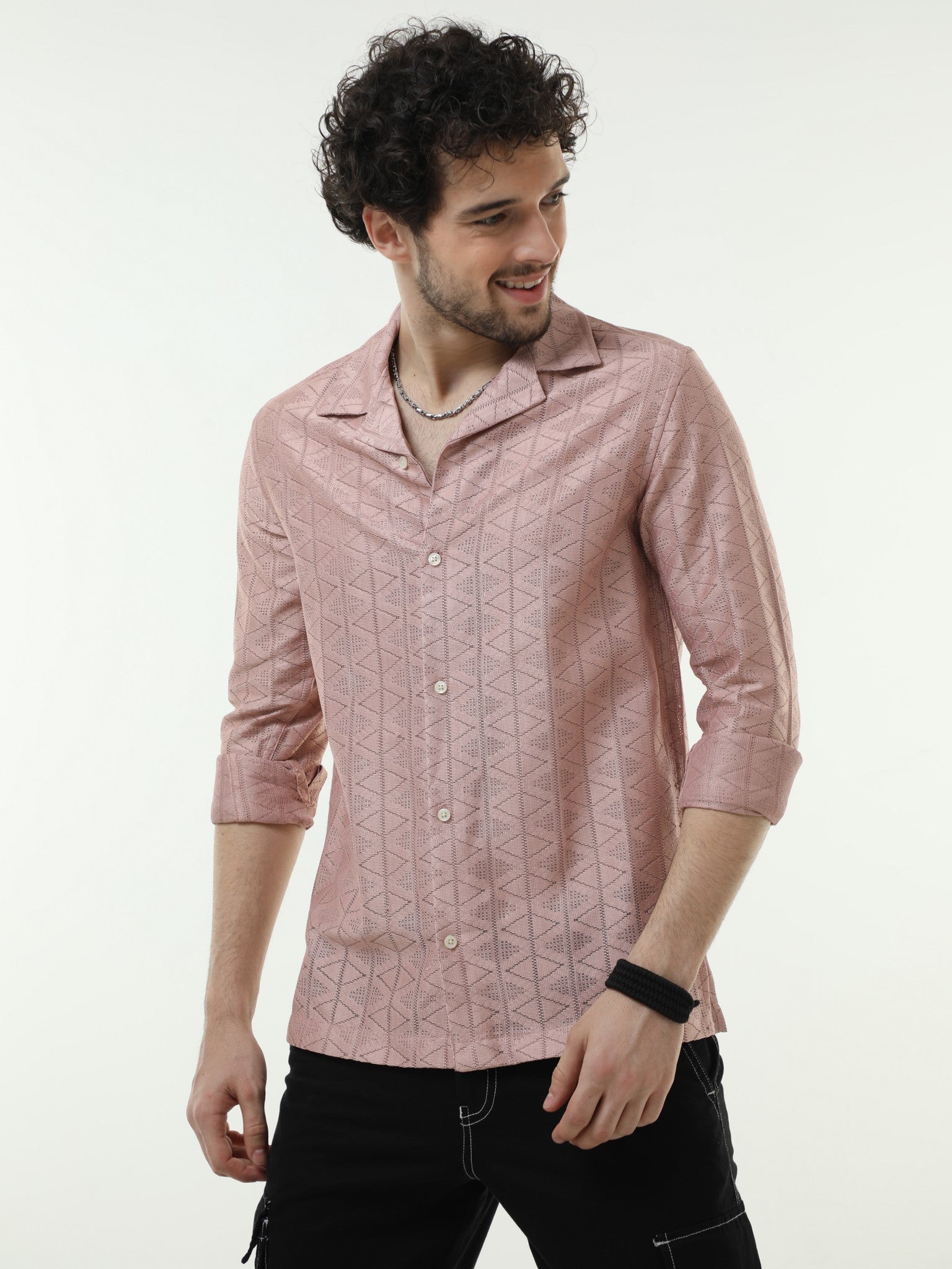 Textured Crochet Pink Shirt for Men