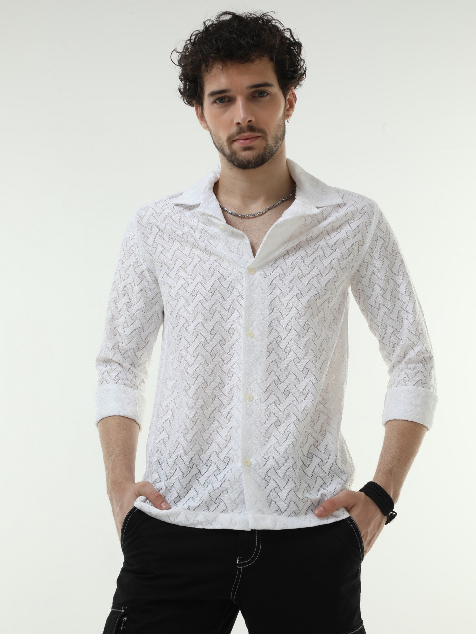 Cragged Crochet White Shirt for Men