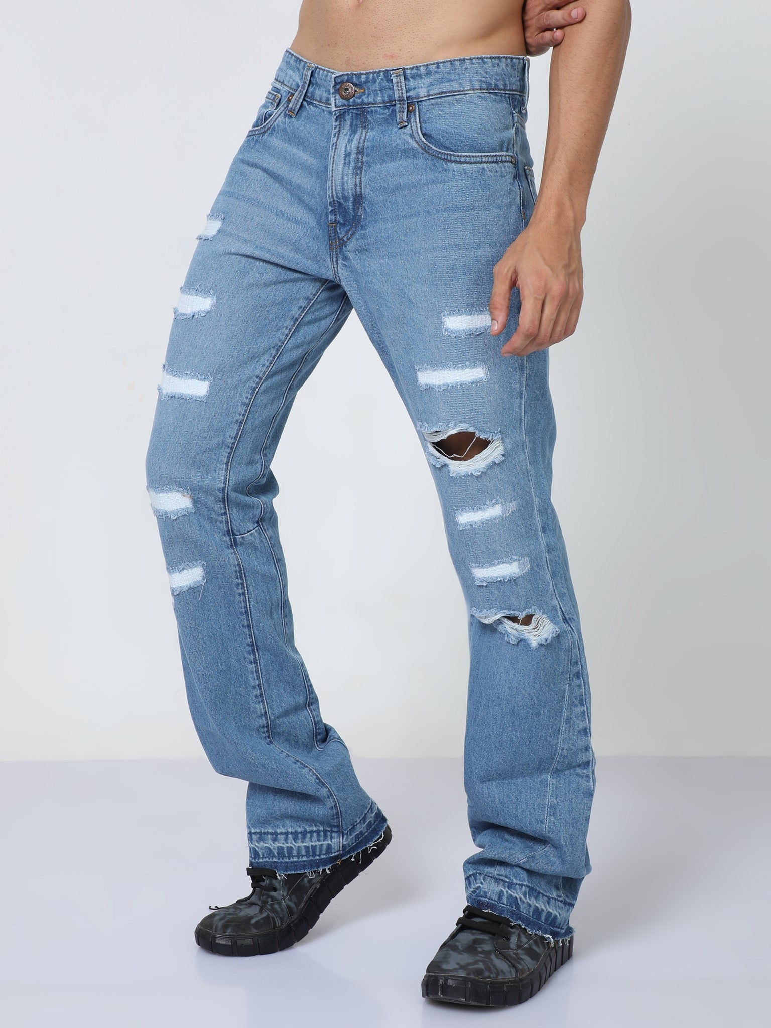 Ripped Flare Light Blue Jeans for Men