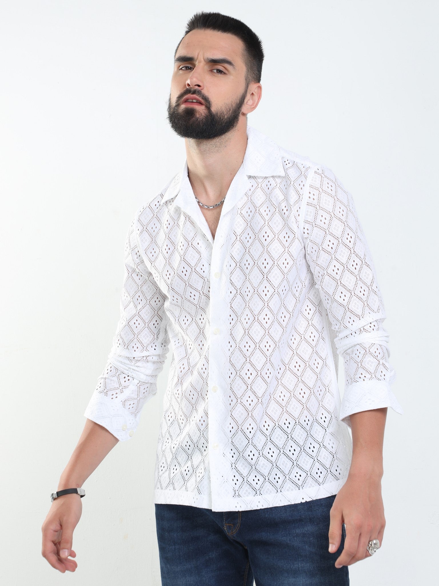 Diamond Crochet White Shirt for Men
