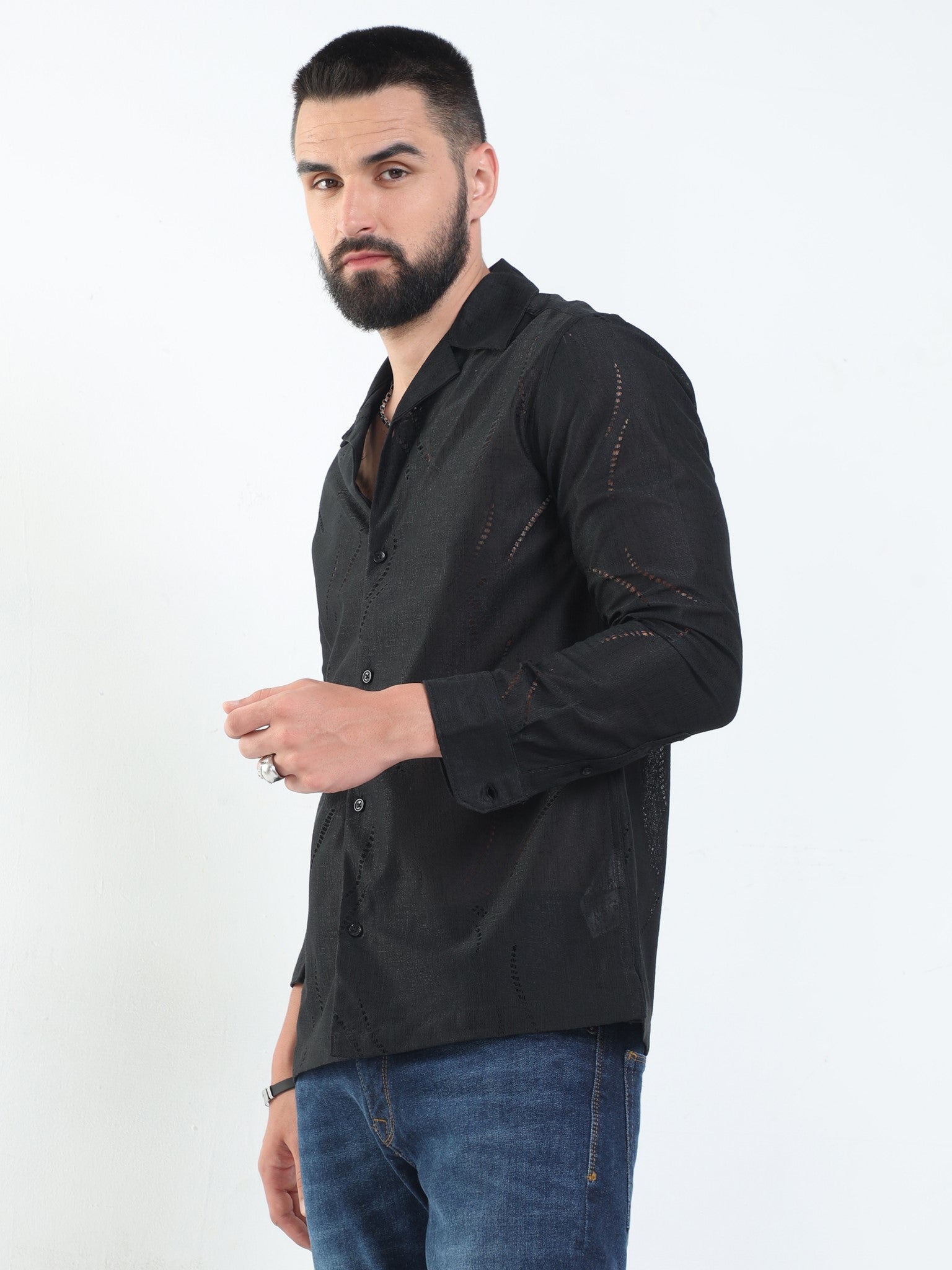 Crescent Crochet Black Shirt for Men