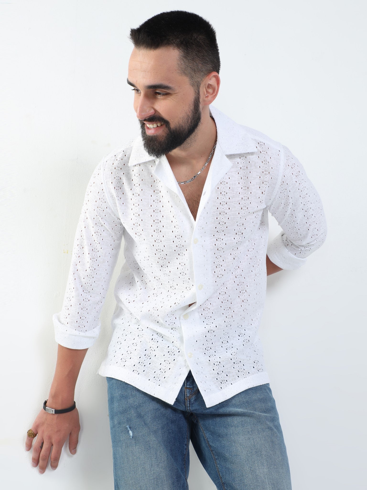 Eyelet Crochet White Shirt for Men
