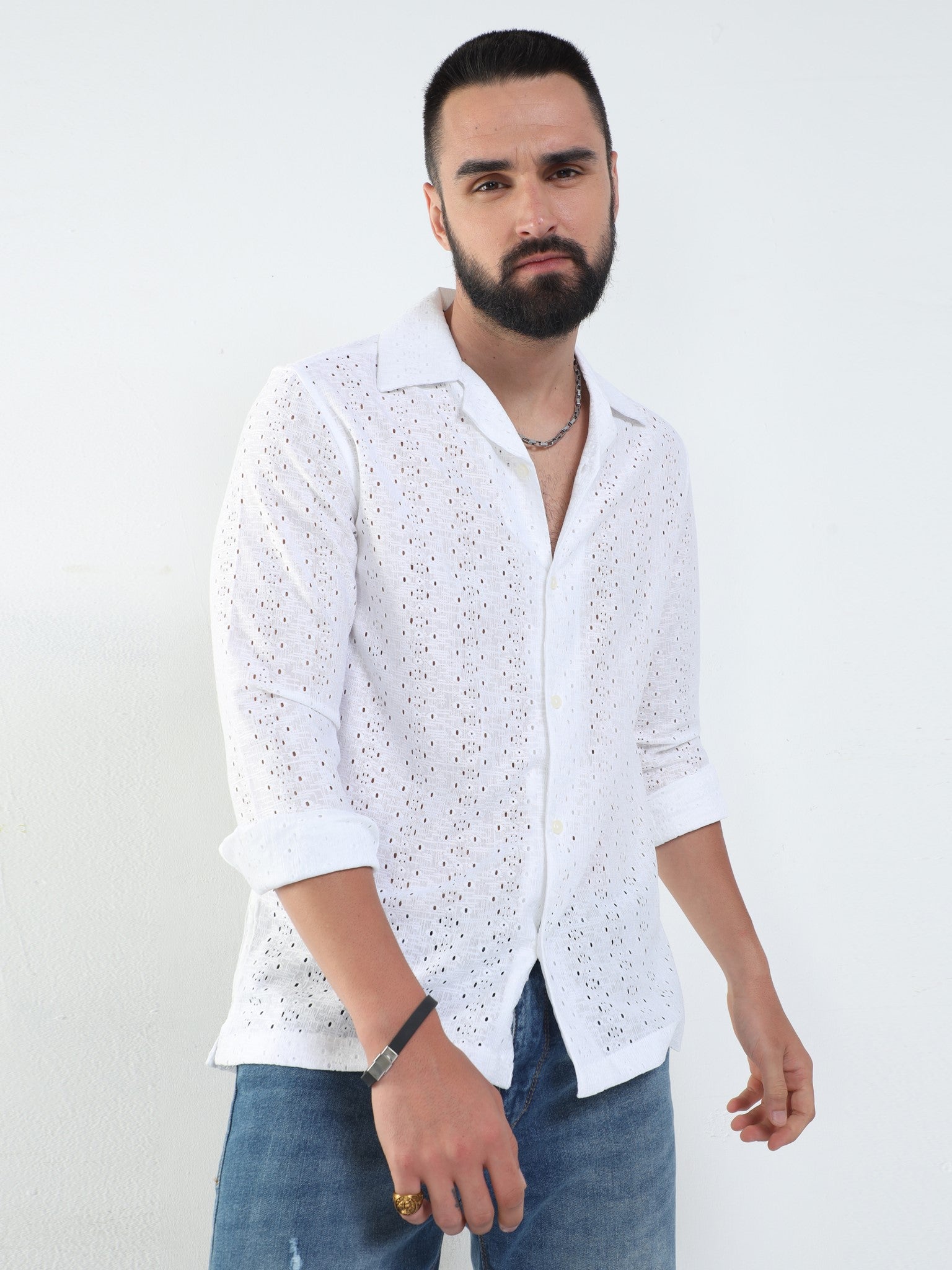 Eyelet Crochet White Shirt for Men