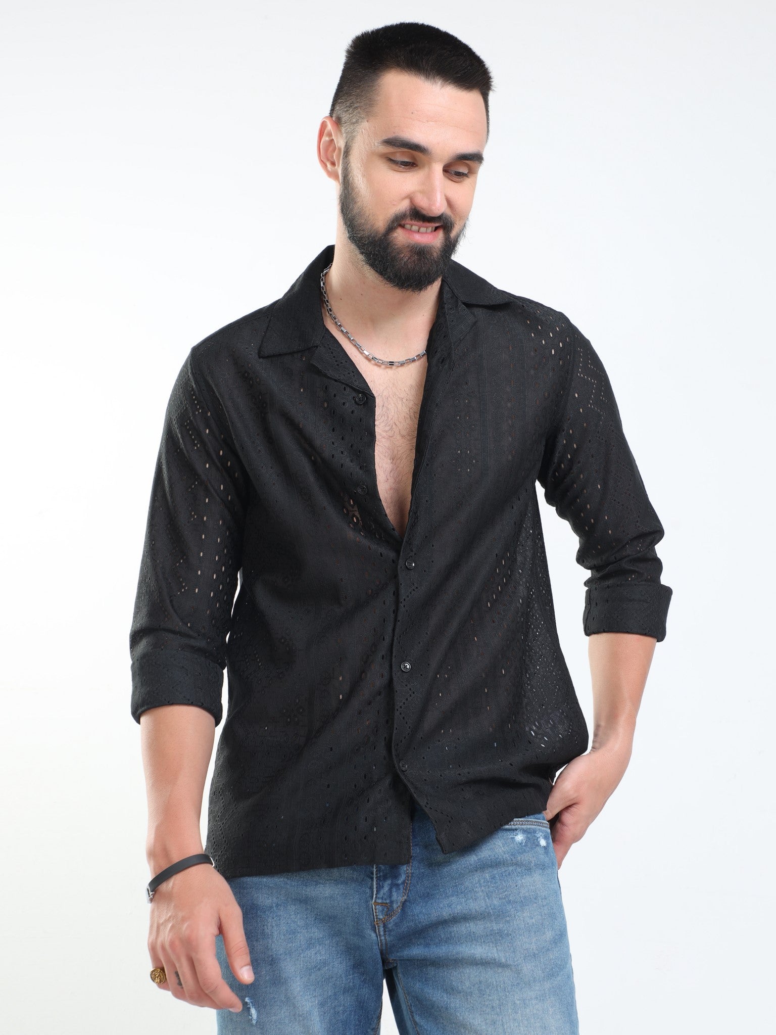 Zigzag Crochet Black Shirt for Men