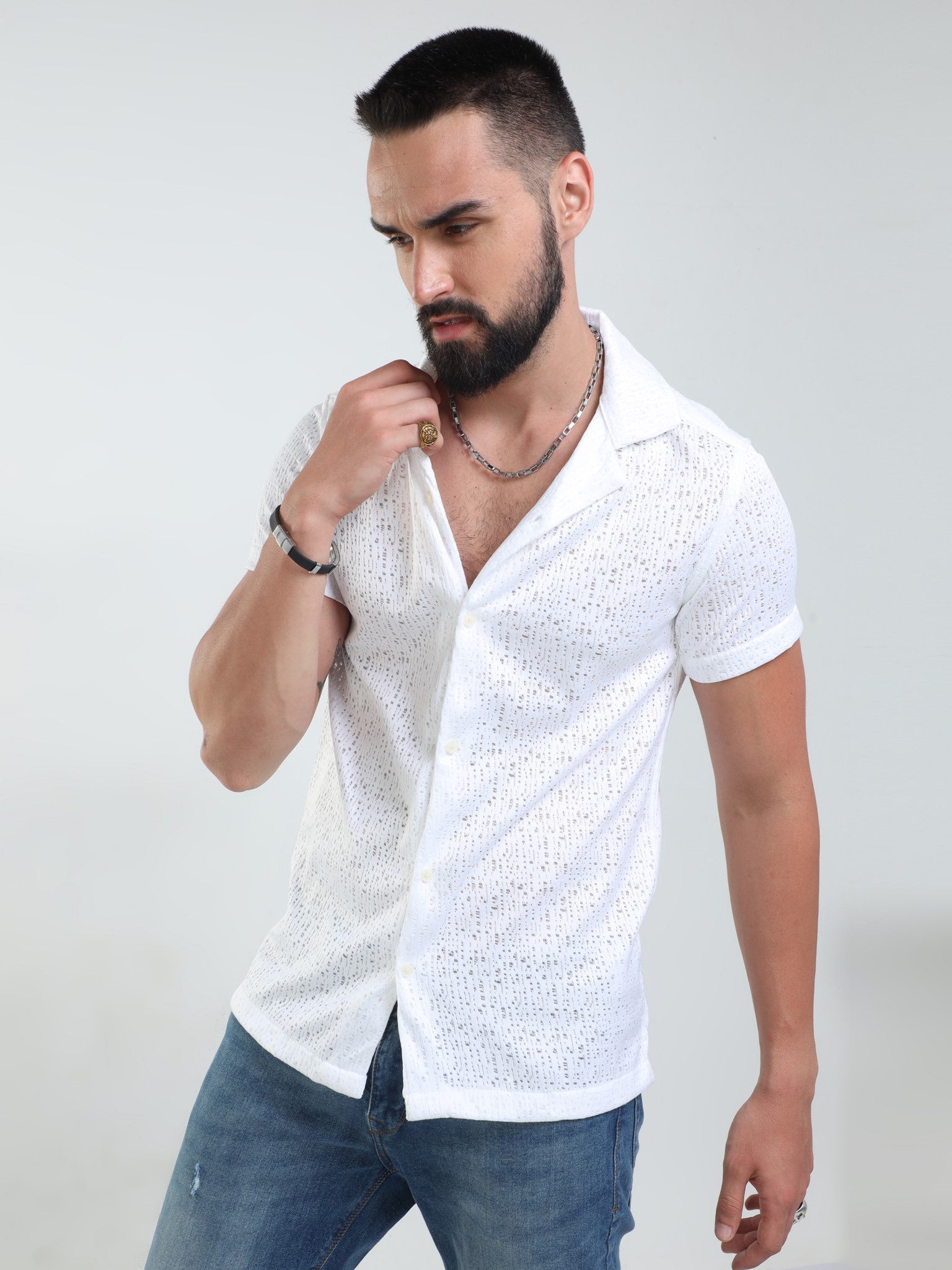 Bubble Crochet White Shirt for Men