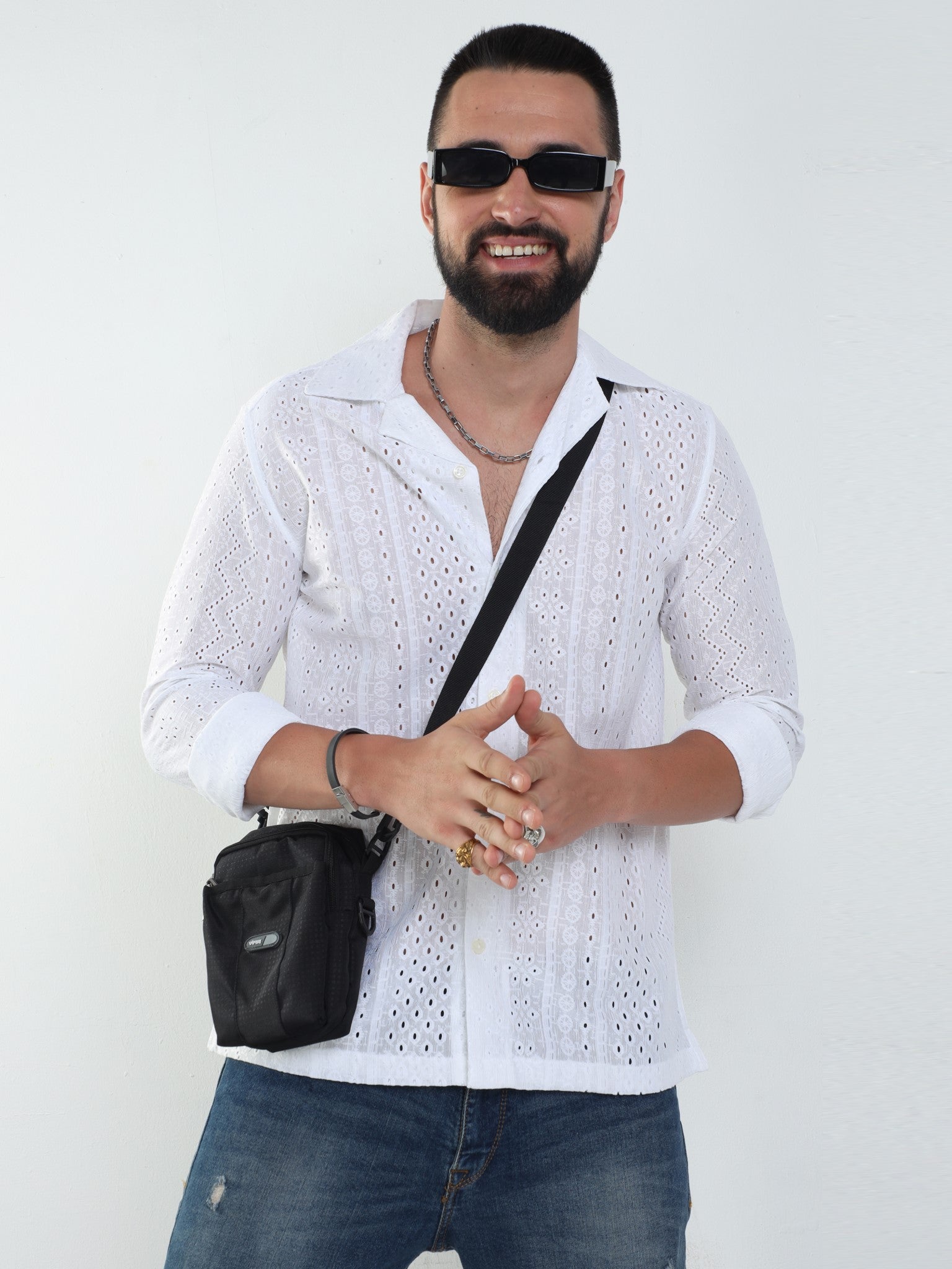 Flower Crochet White Shirt for Men