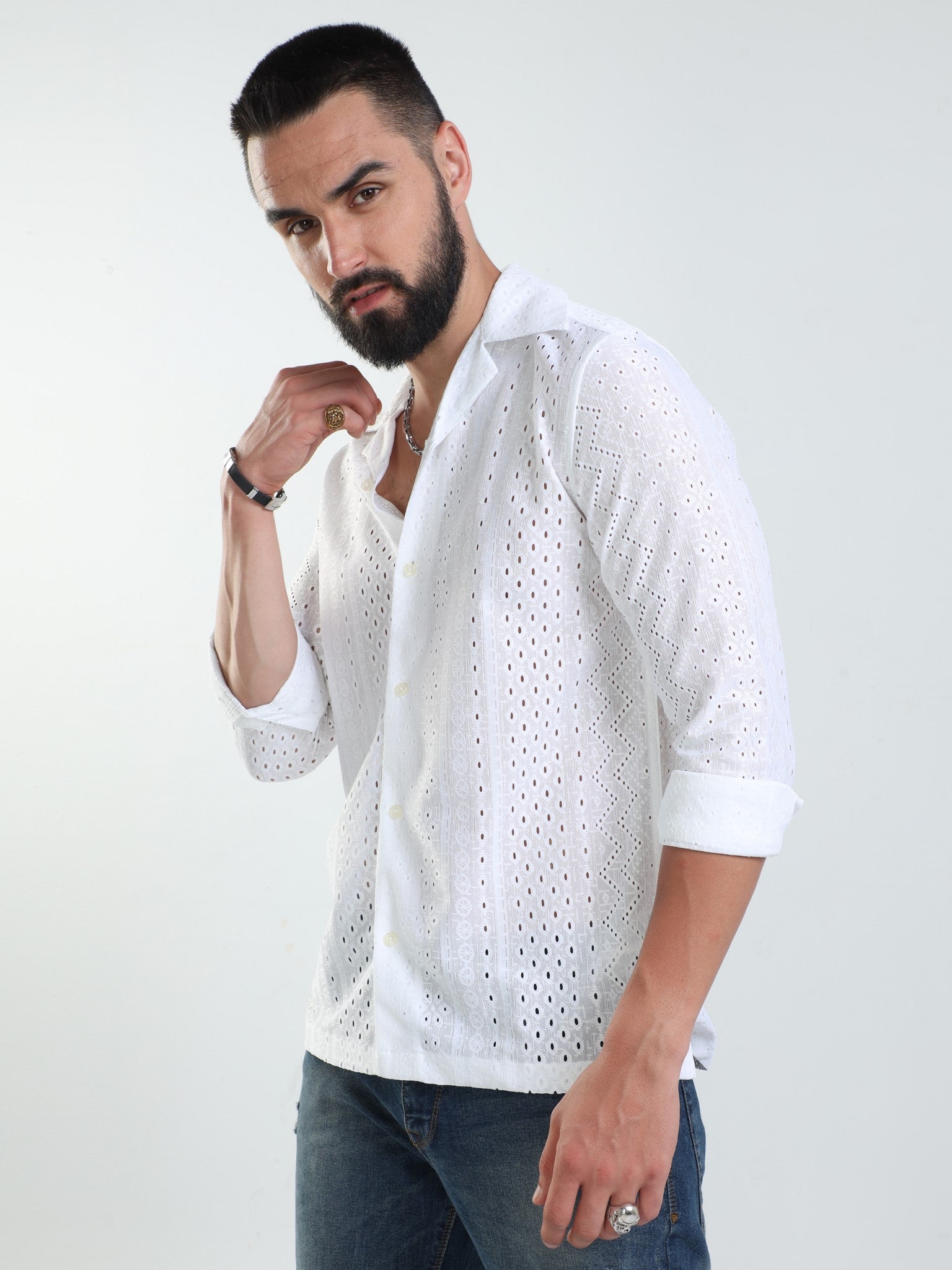 Flower Crochet White Shirt for Men