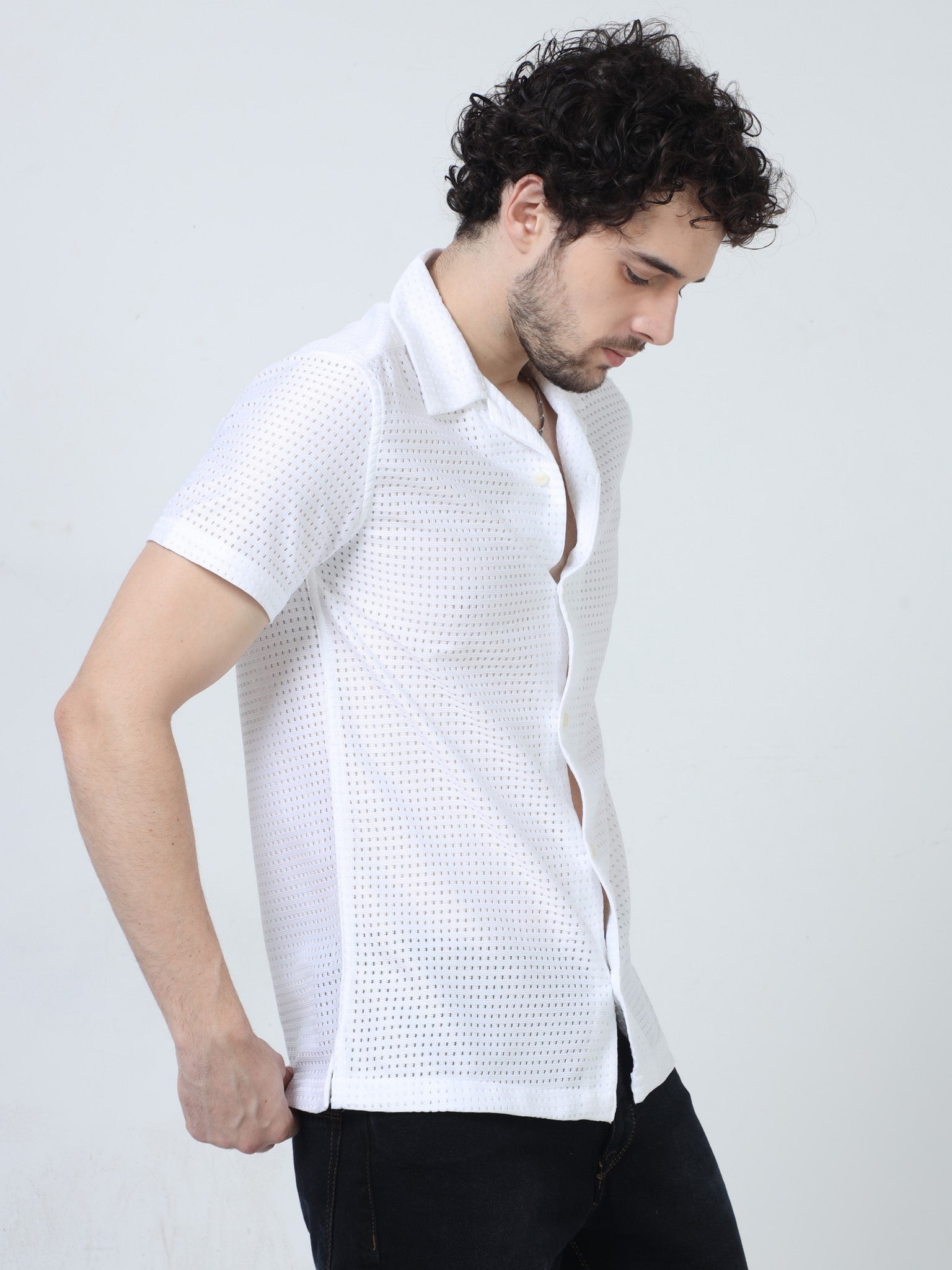 Mesh Crochet White Shirt for Men