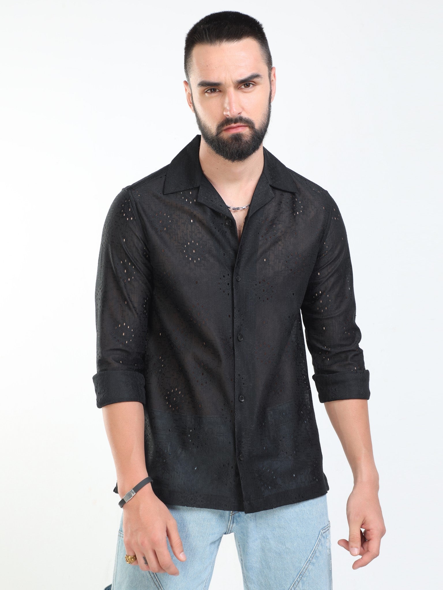 Flower Crochet Black Shirt for Men