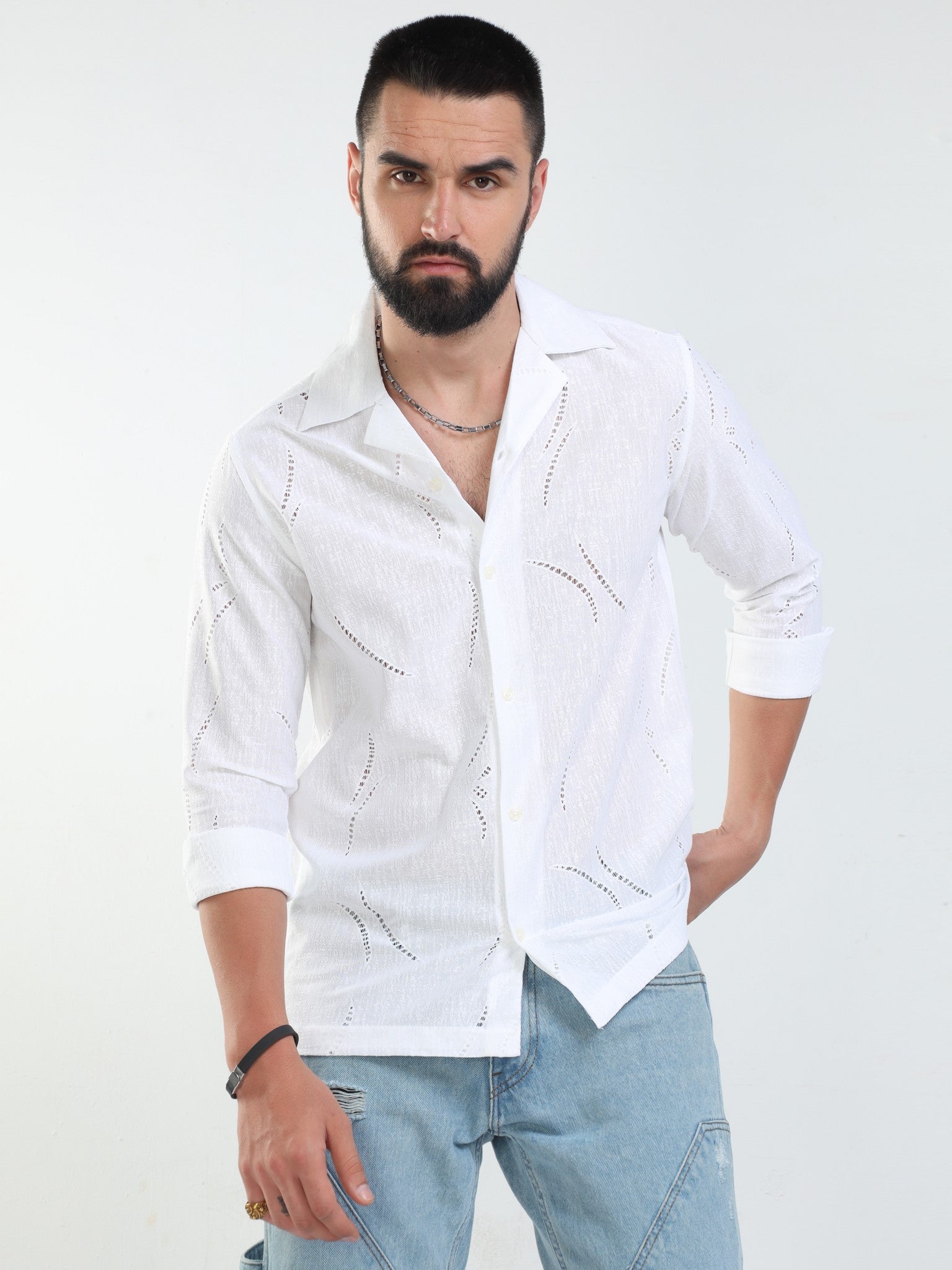 Crescent Crochet White Shirt for Men