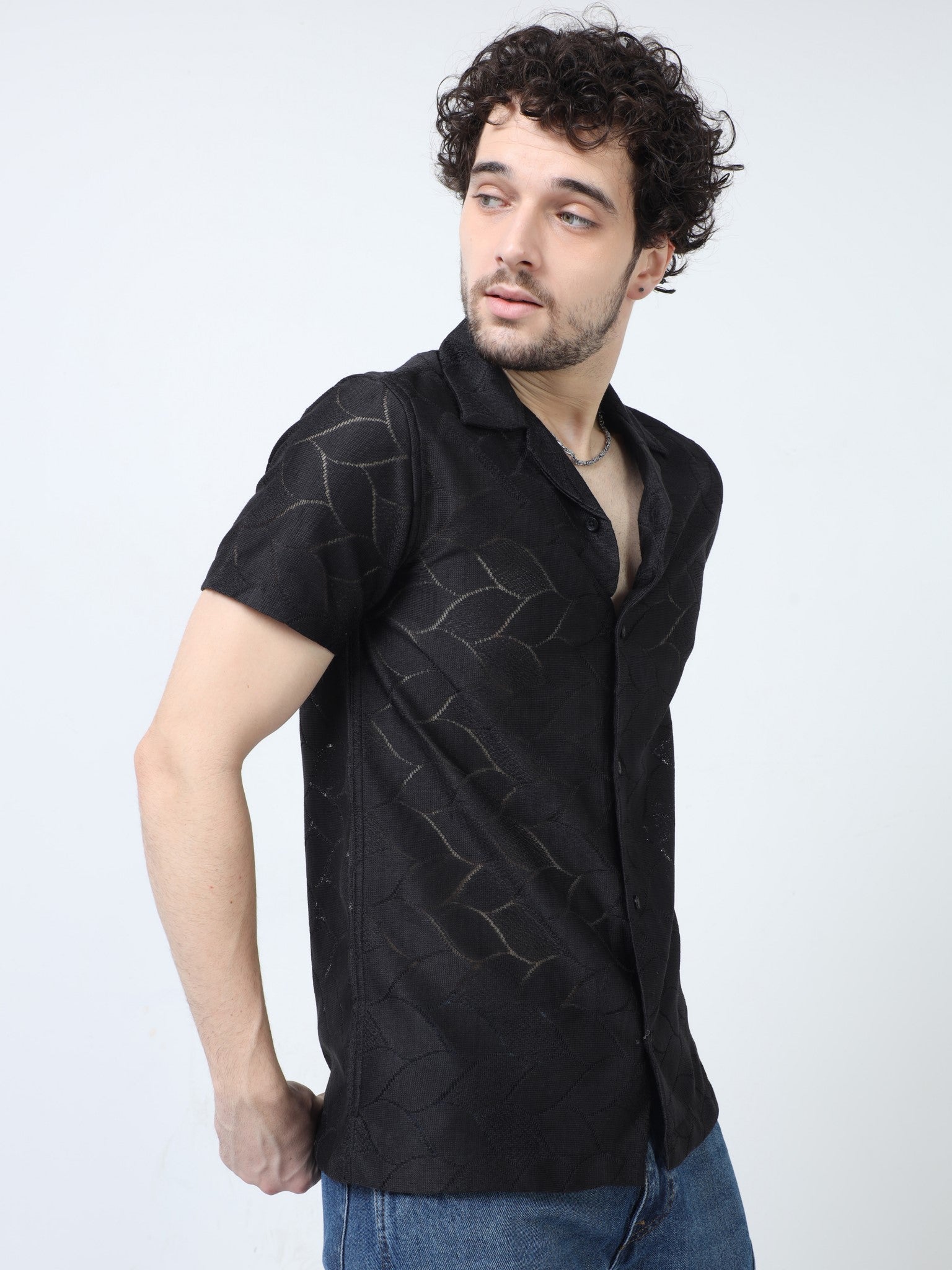 Leaf Crochet Black Shirt for Men