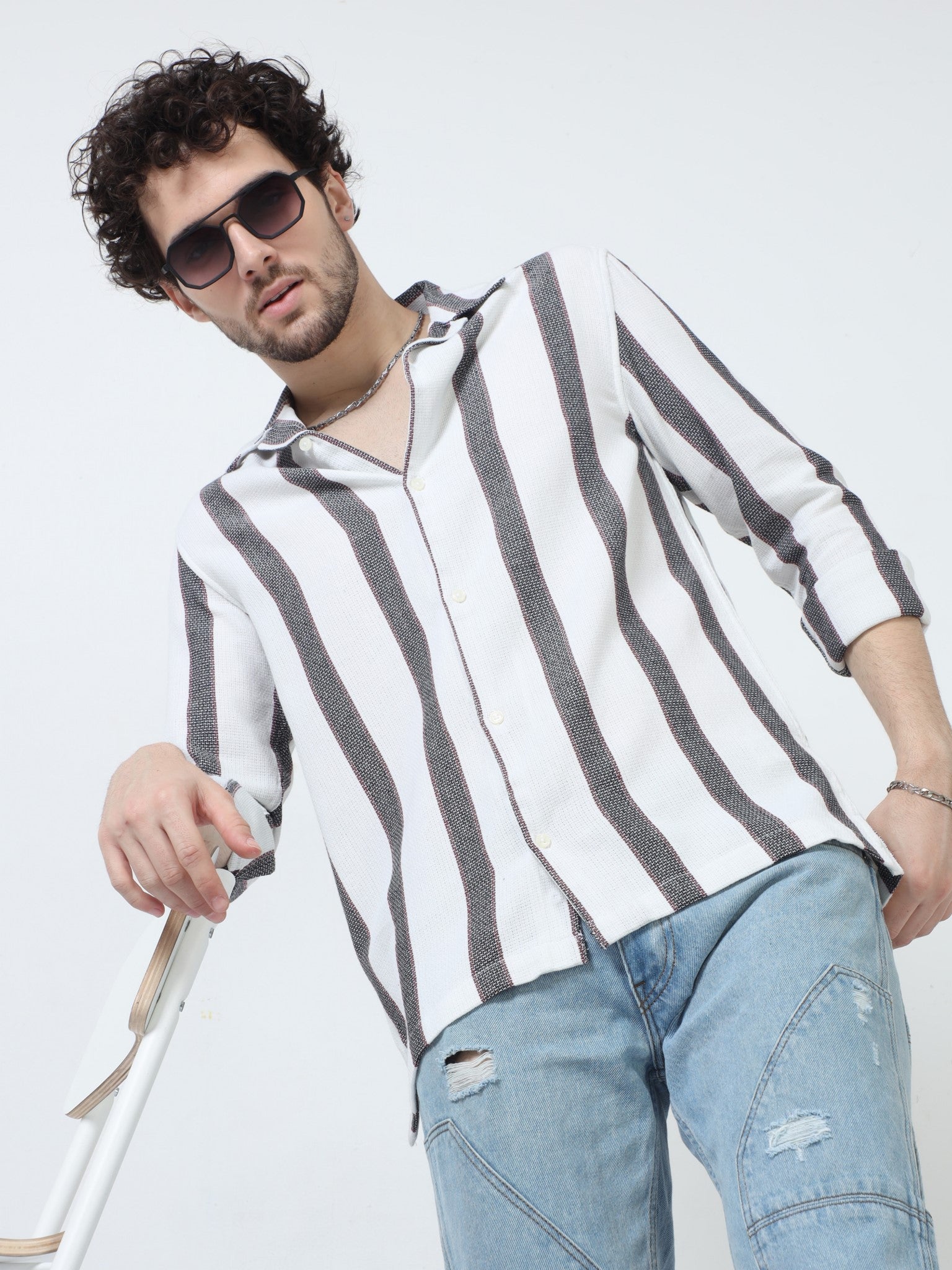 Bar Stripe White Shirt for Men 