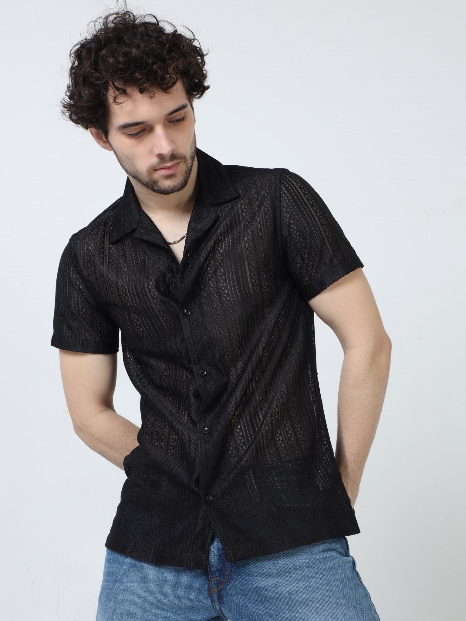 Drop Crochet Black Shirt for Men