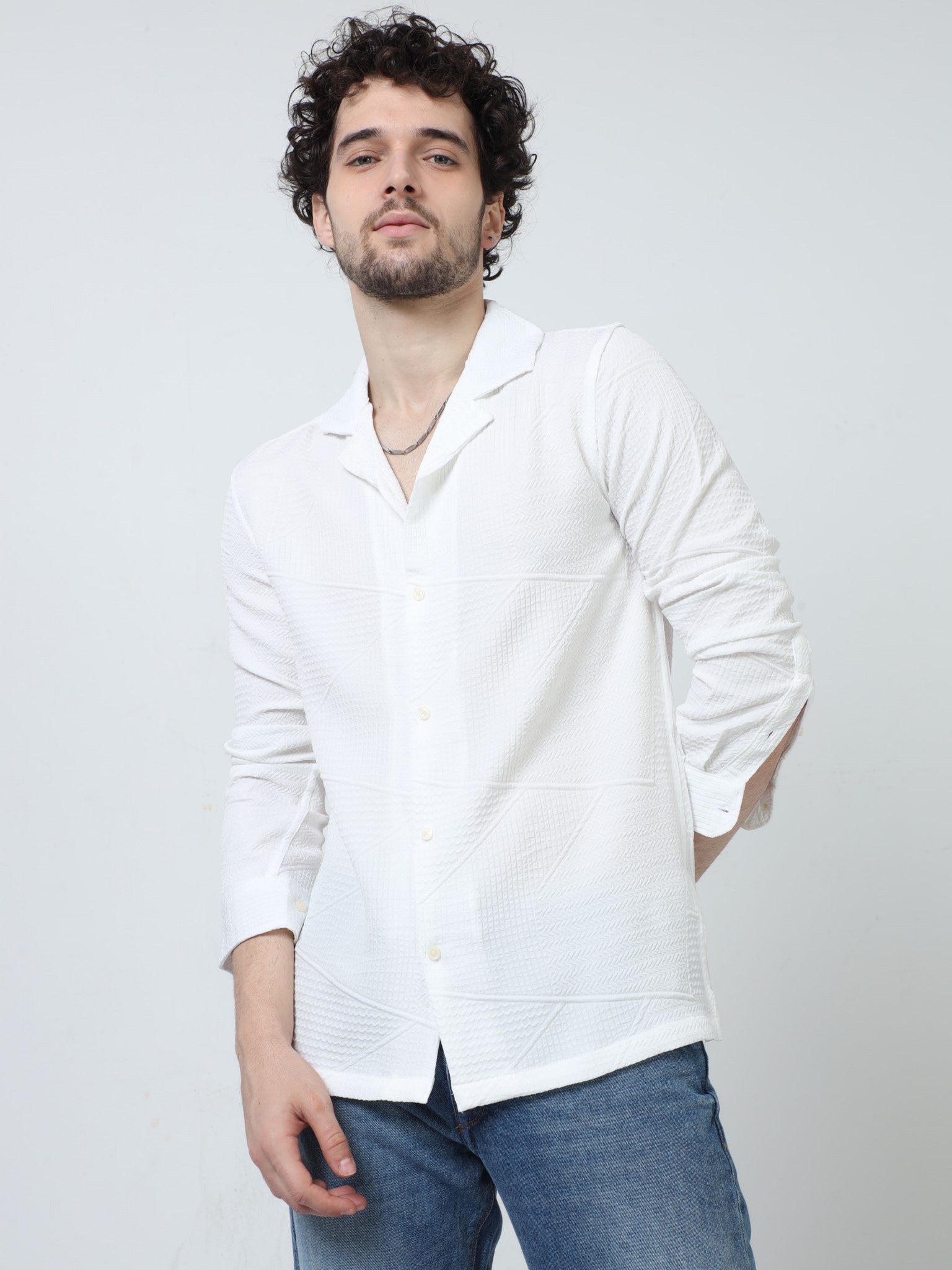 Zig Zag Jacquard White Shirt for Men