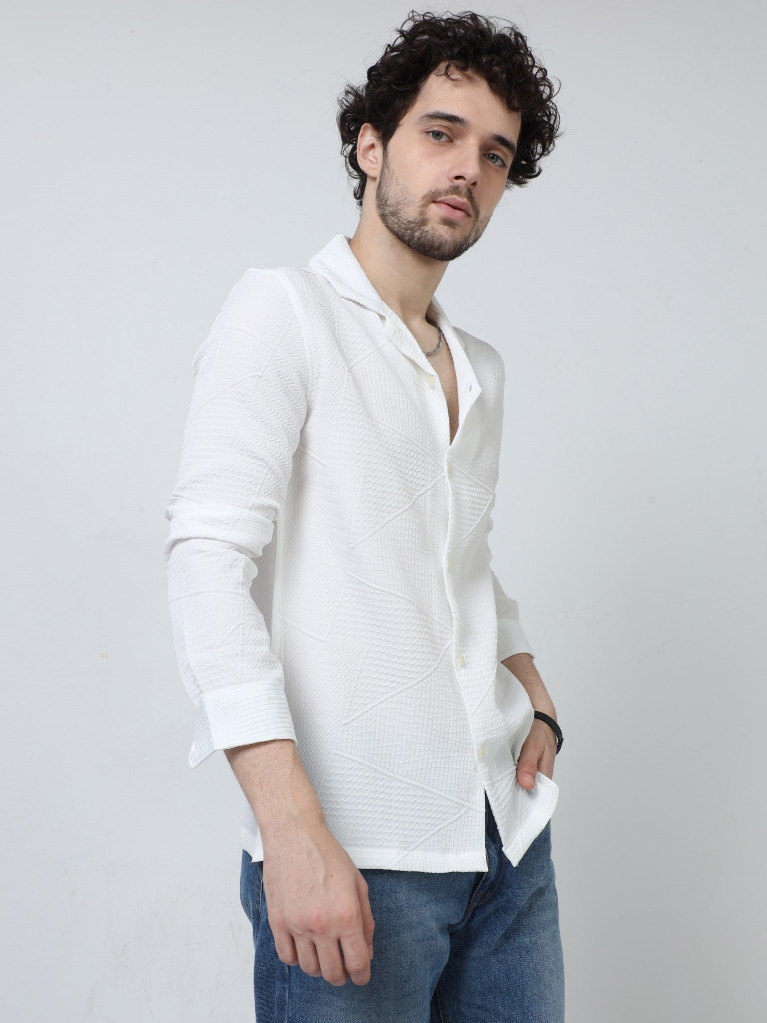 Zig Zag Jacquard White Shirt for Men