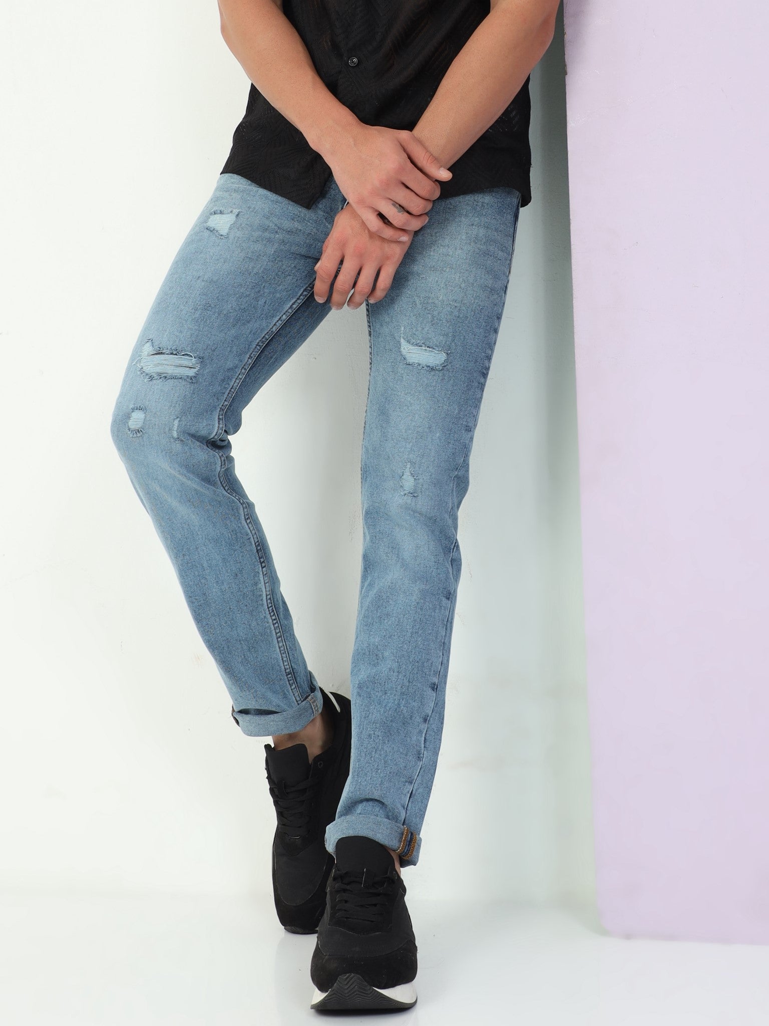 Midblue Distressed Slim Fit Jeans for Men