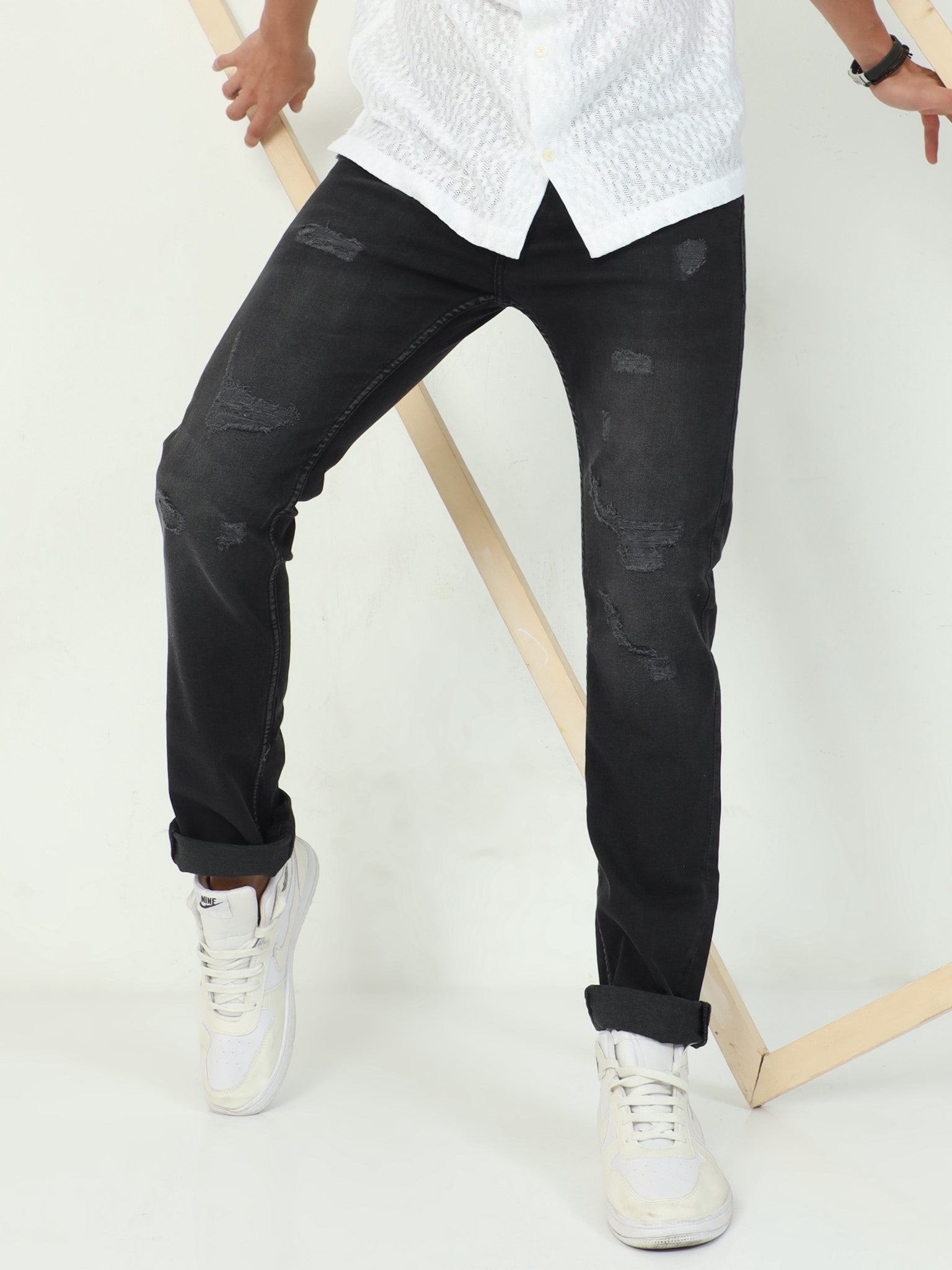 Black Distressed Slim Fit Jeans for Men 