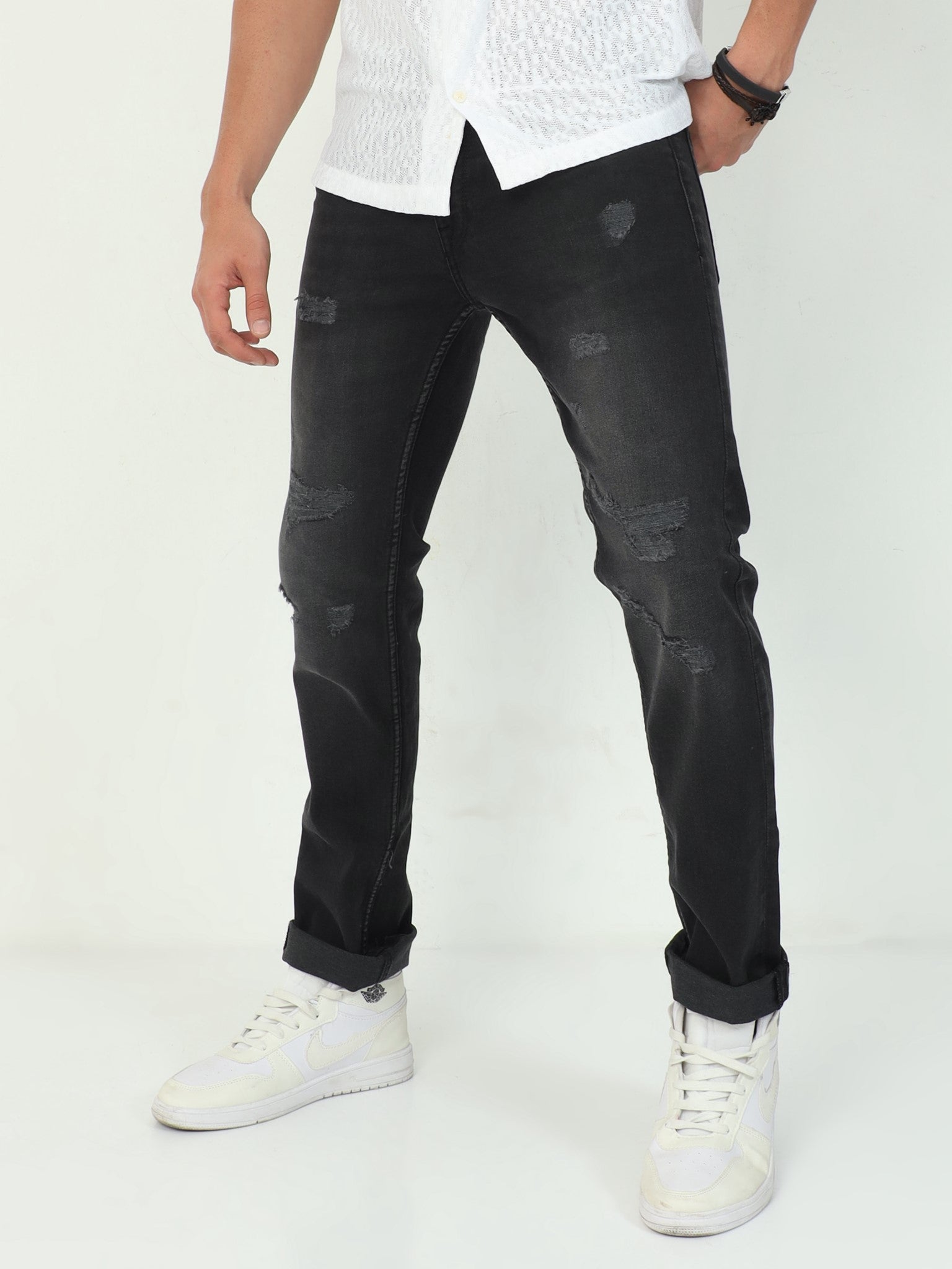 Black Distressed Slim Fit Jeans for Men 