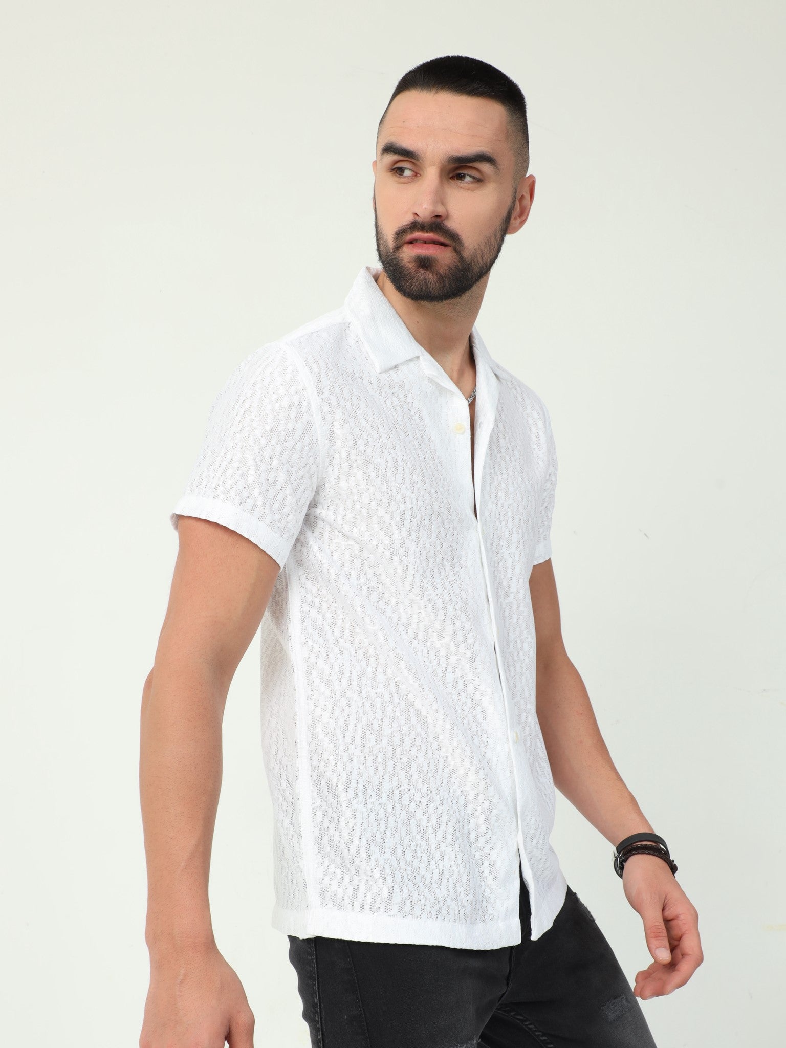 Lattice White Crochet Shirt for Men