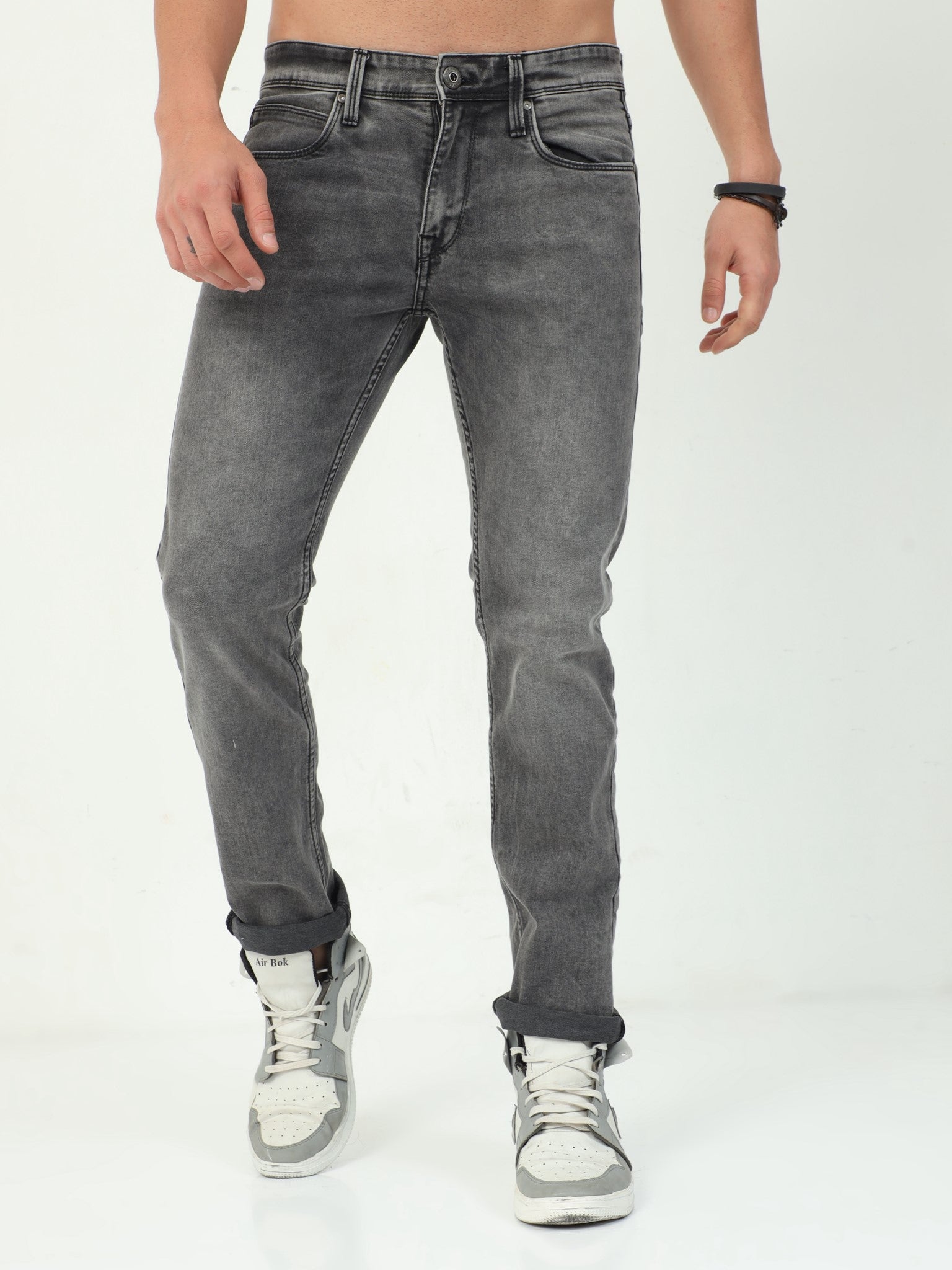Lightgrey Distressed Slim Fit Jeans for Men 