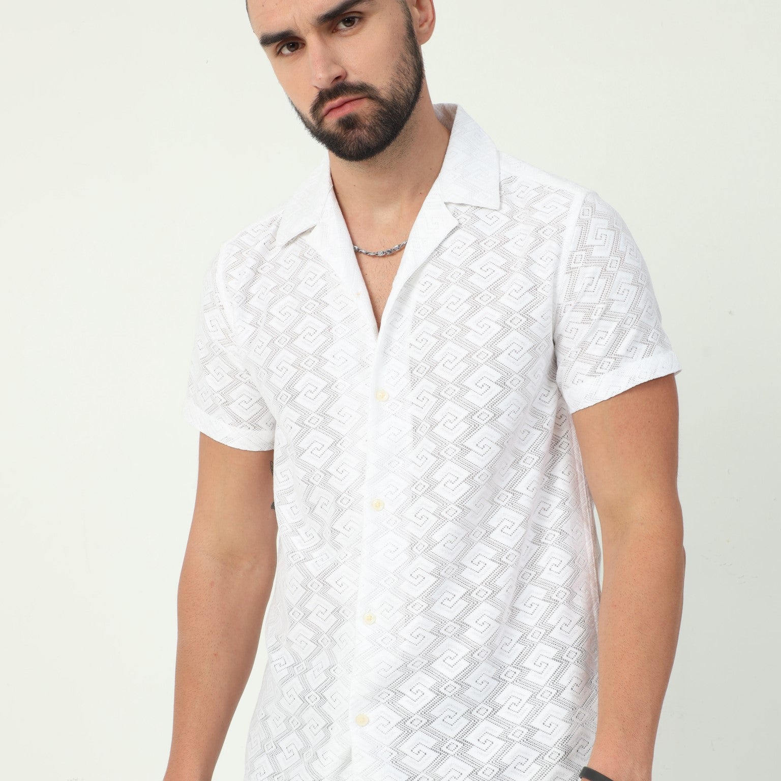 Swirl White Crochet Shirt for Men 