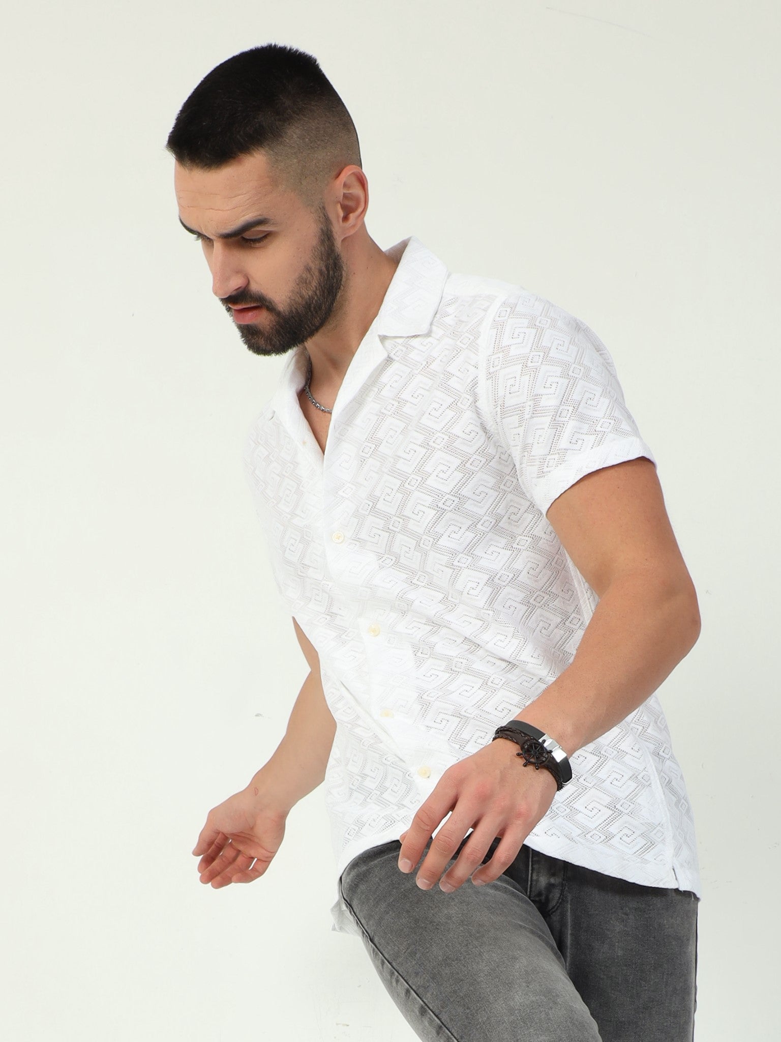 Swirl White Crochet Shirt for Men 