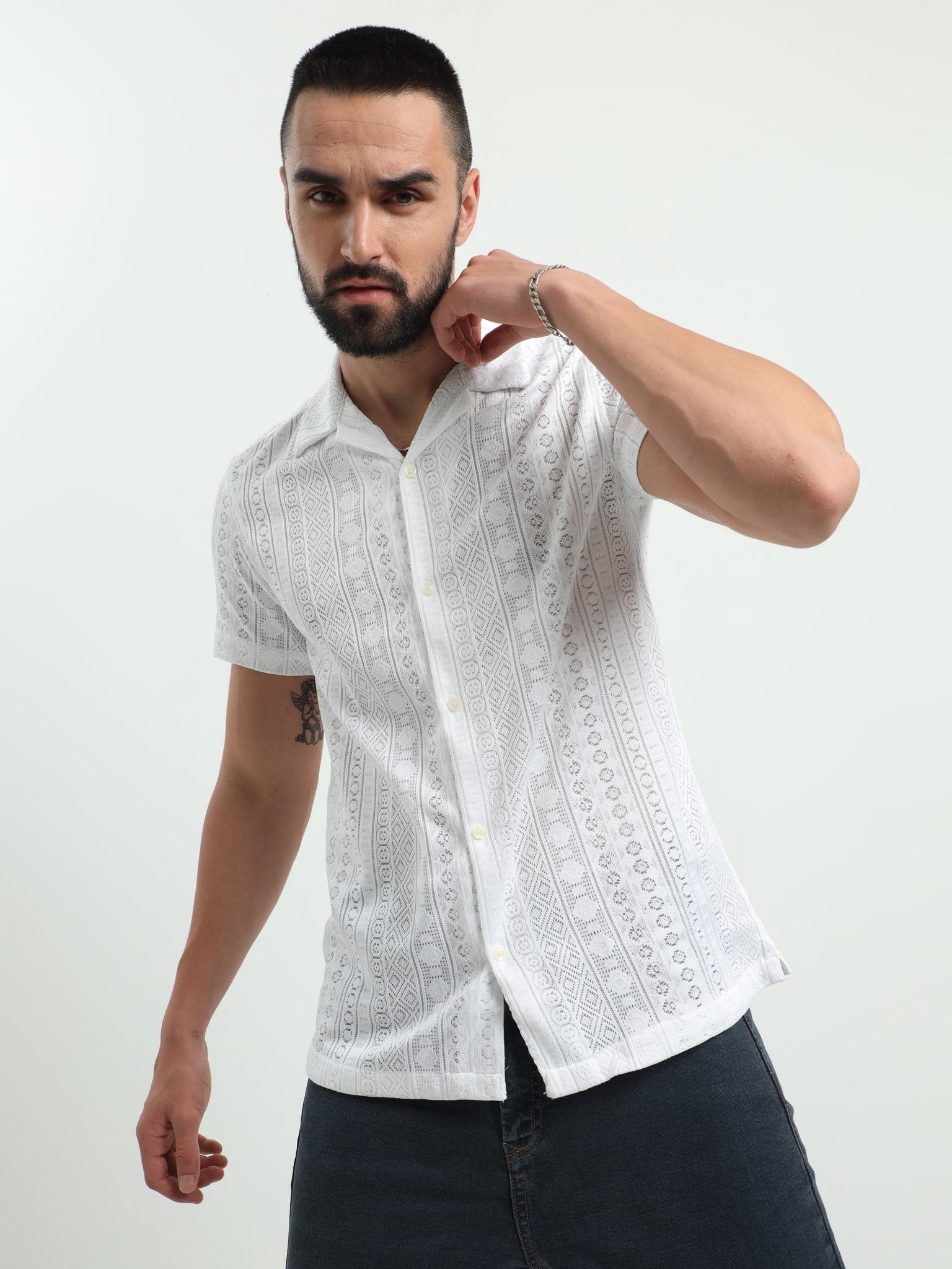 Bold Crochet White Shirt for Men