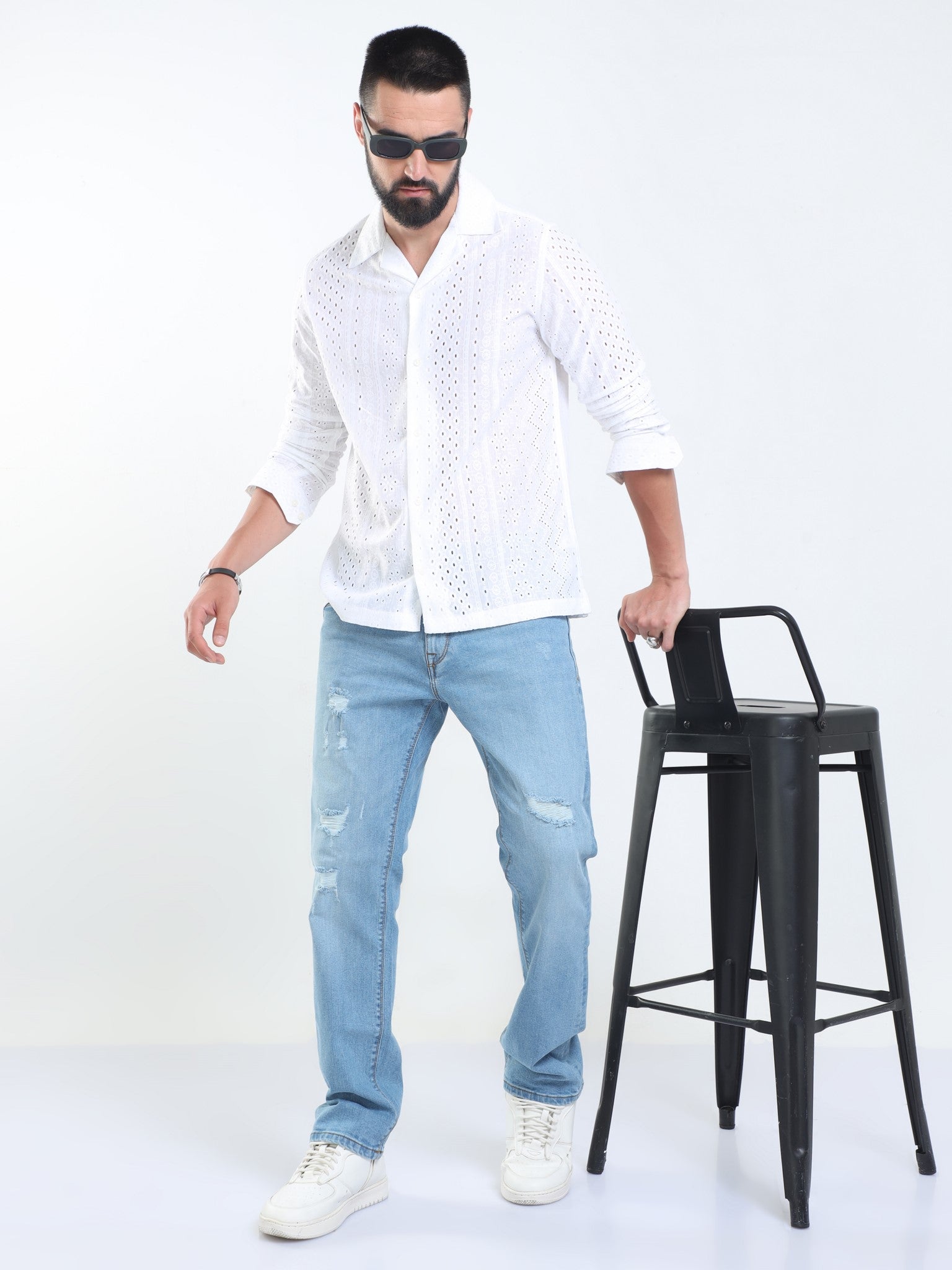 Zigzag Crochet White Shirt for Men