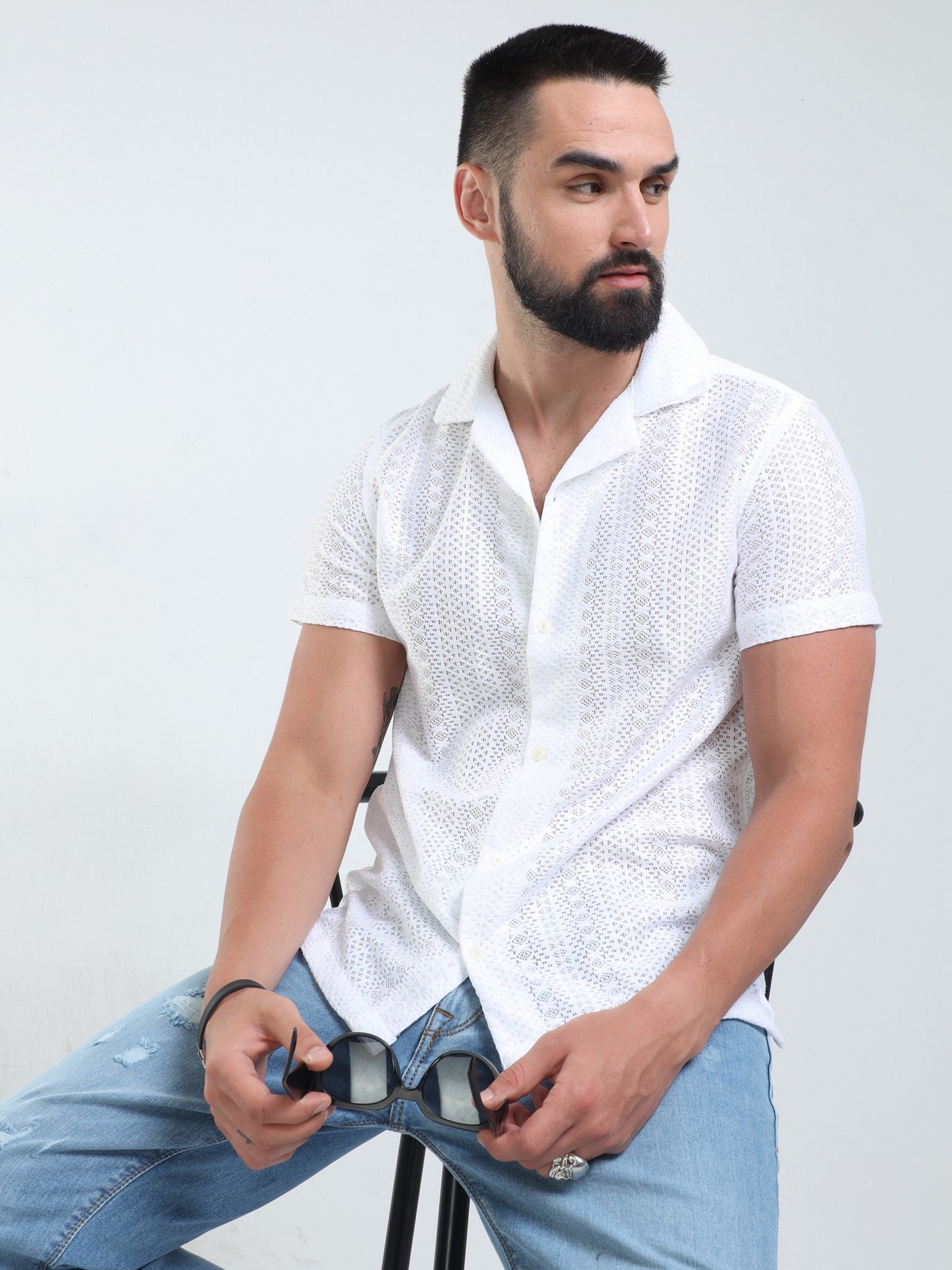 Geo Crochet White Shirt for Men