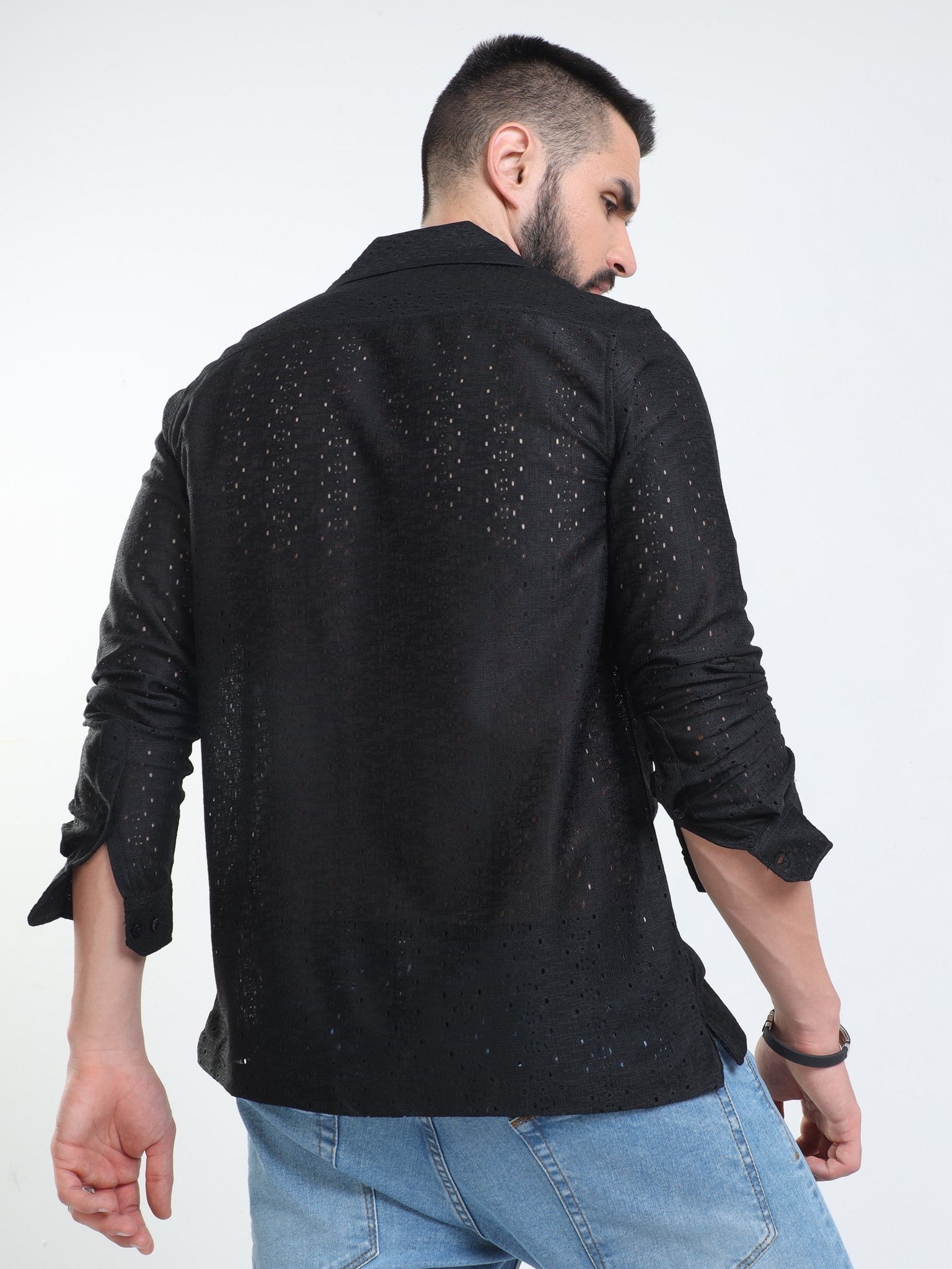 Eyelet Crochet Black Shirt for Men