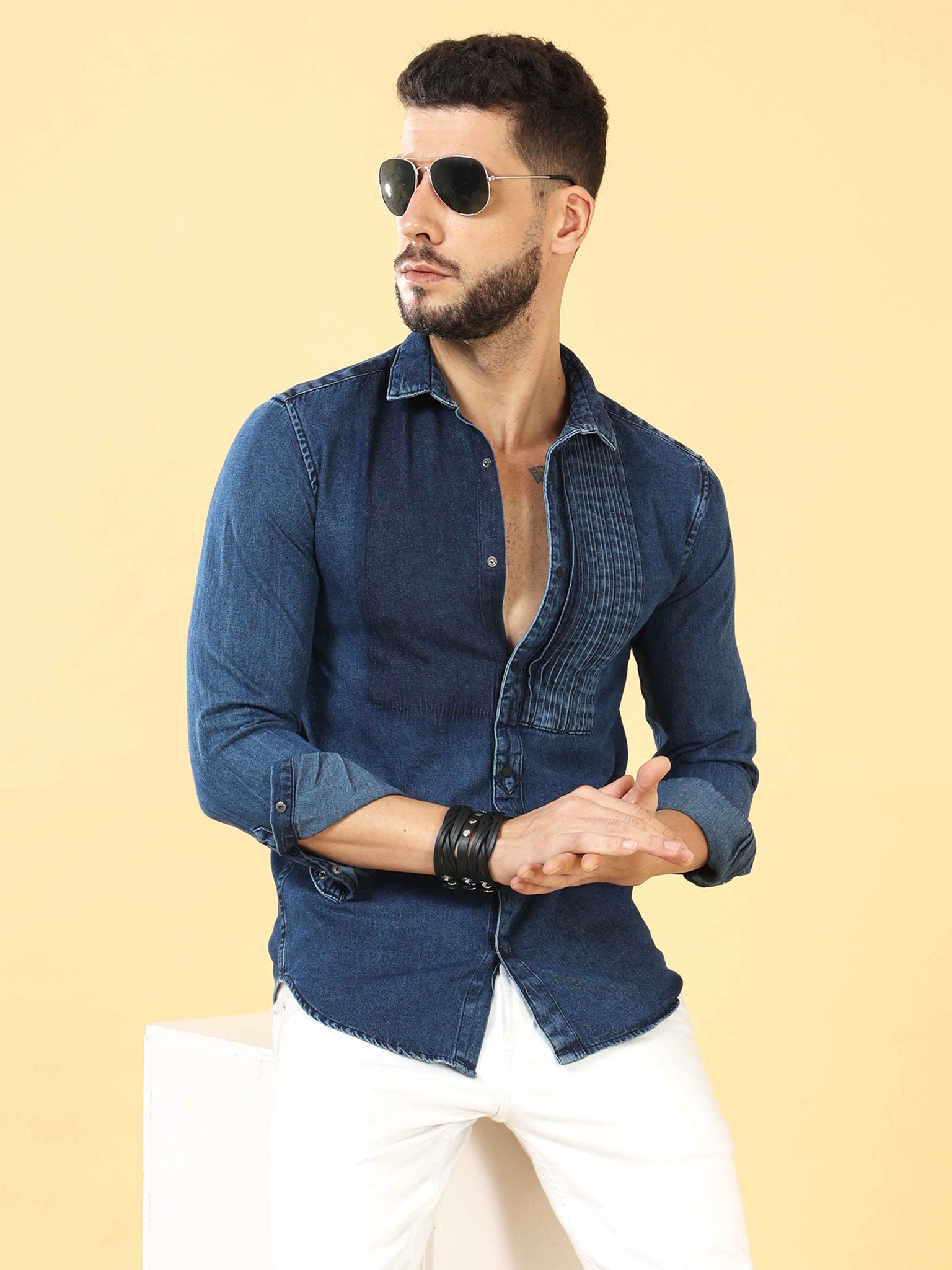 Buy Blue Check Print Denim Shirt for Men