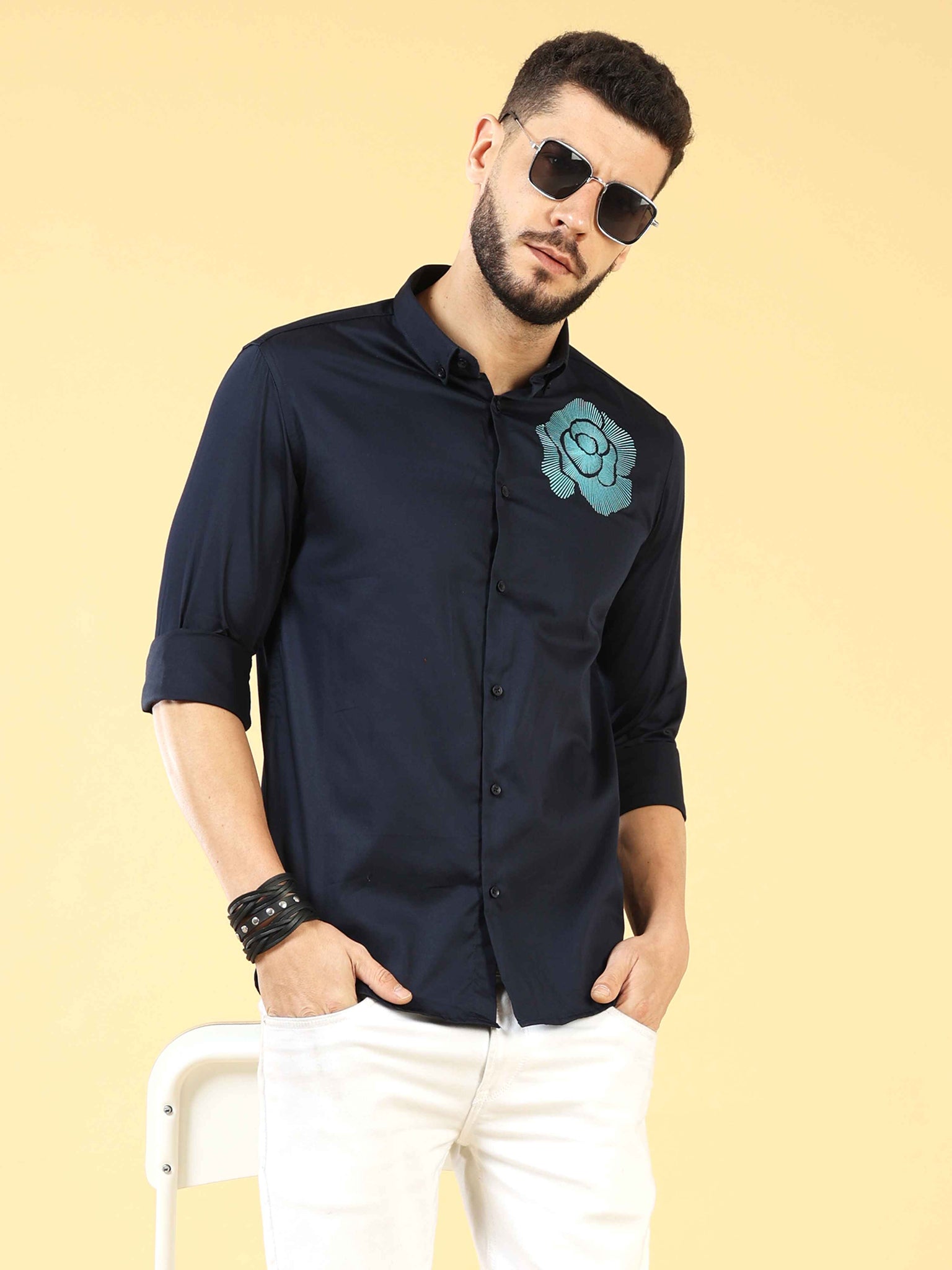 Flower Graphic Embroidery Navy Shirt