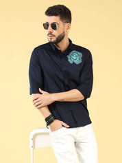 Flower Graphic Embroidery Navy Shirt