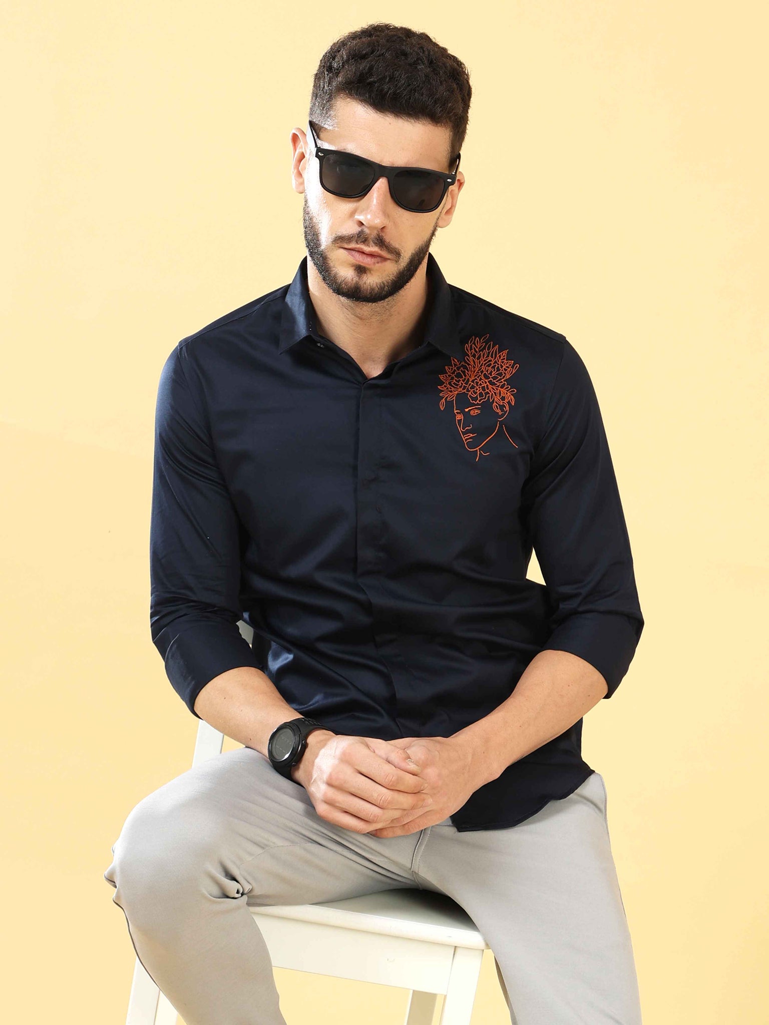 Embrace Floral Embroidery Navy Shirt