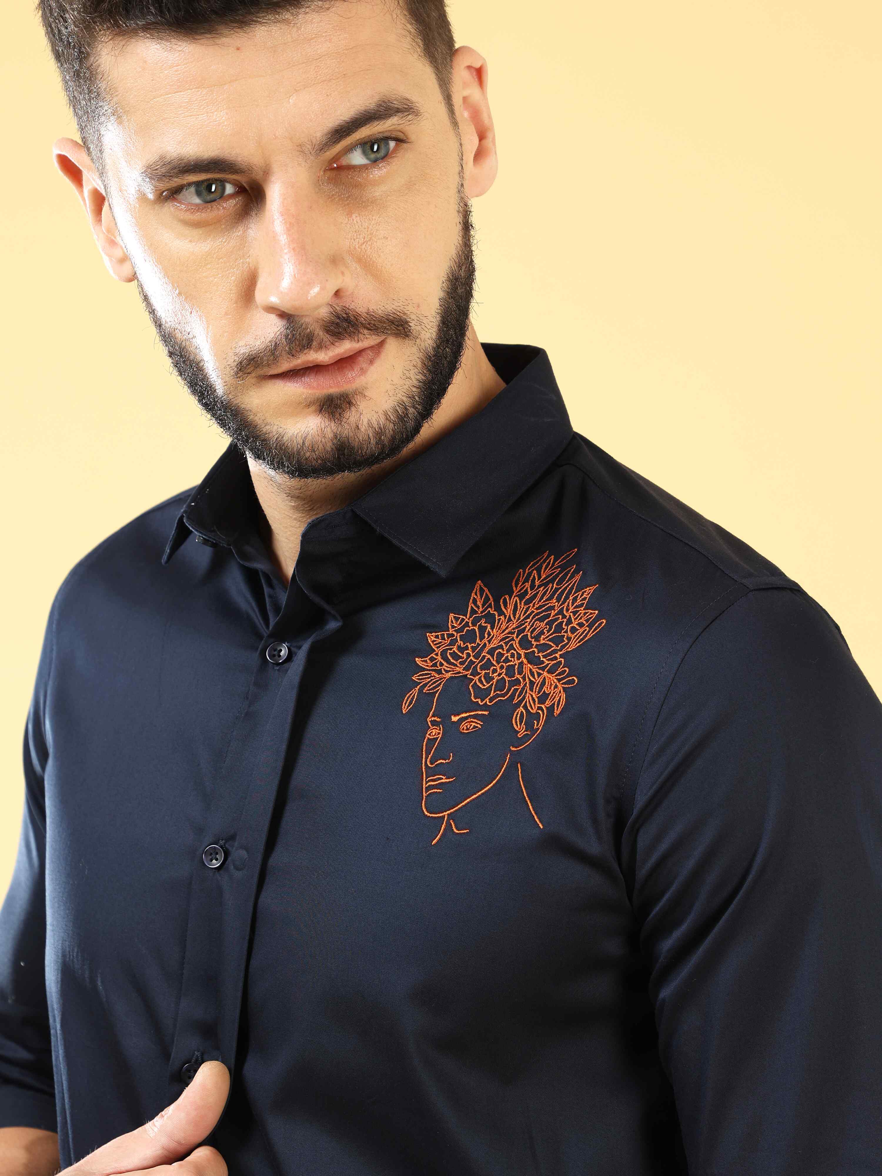 Embrace Floral Embroidery Navy Shirt