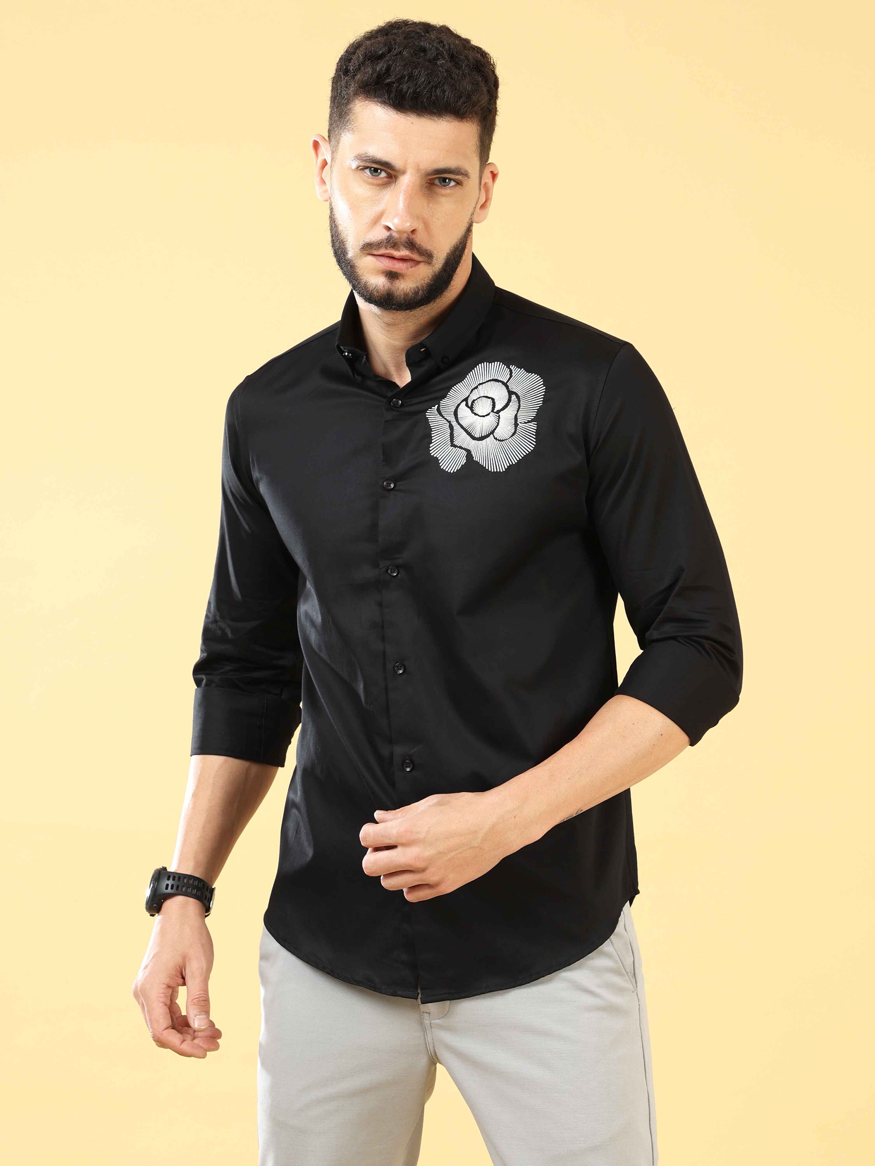 Flower Embroidery Black Shirt