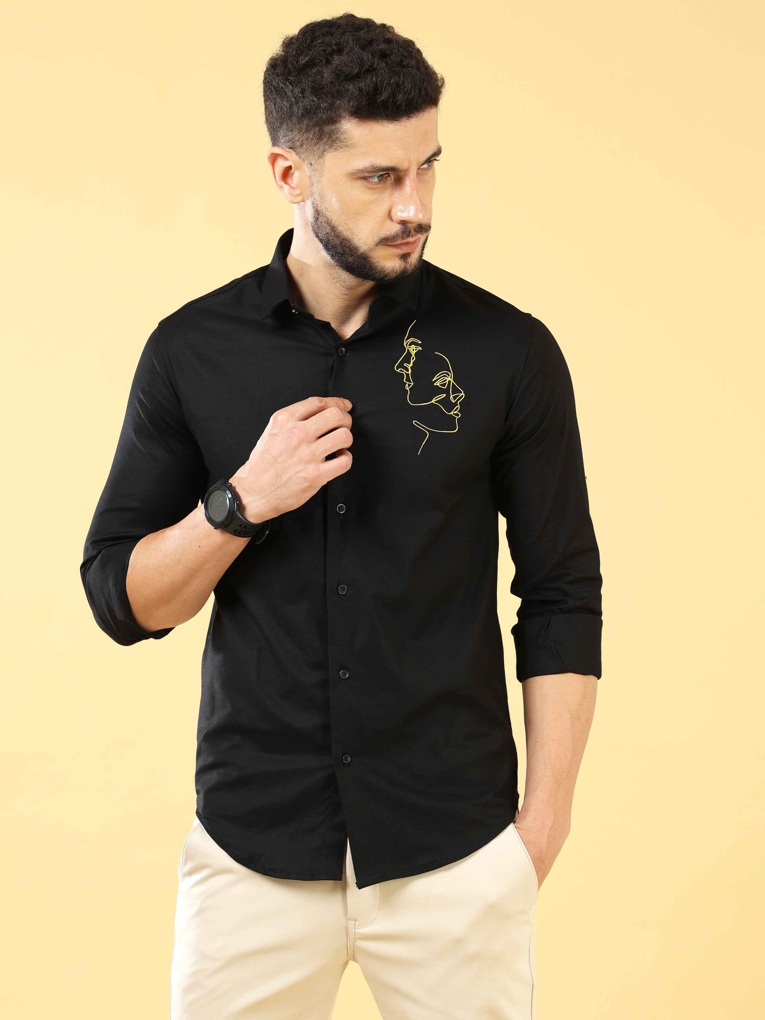 Twin Flame Embroidery Black Shirt