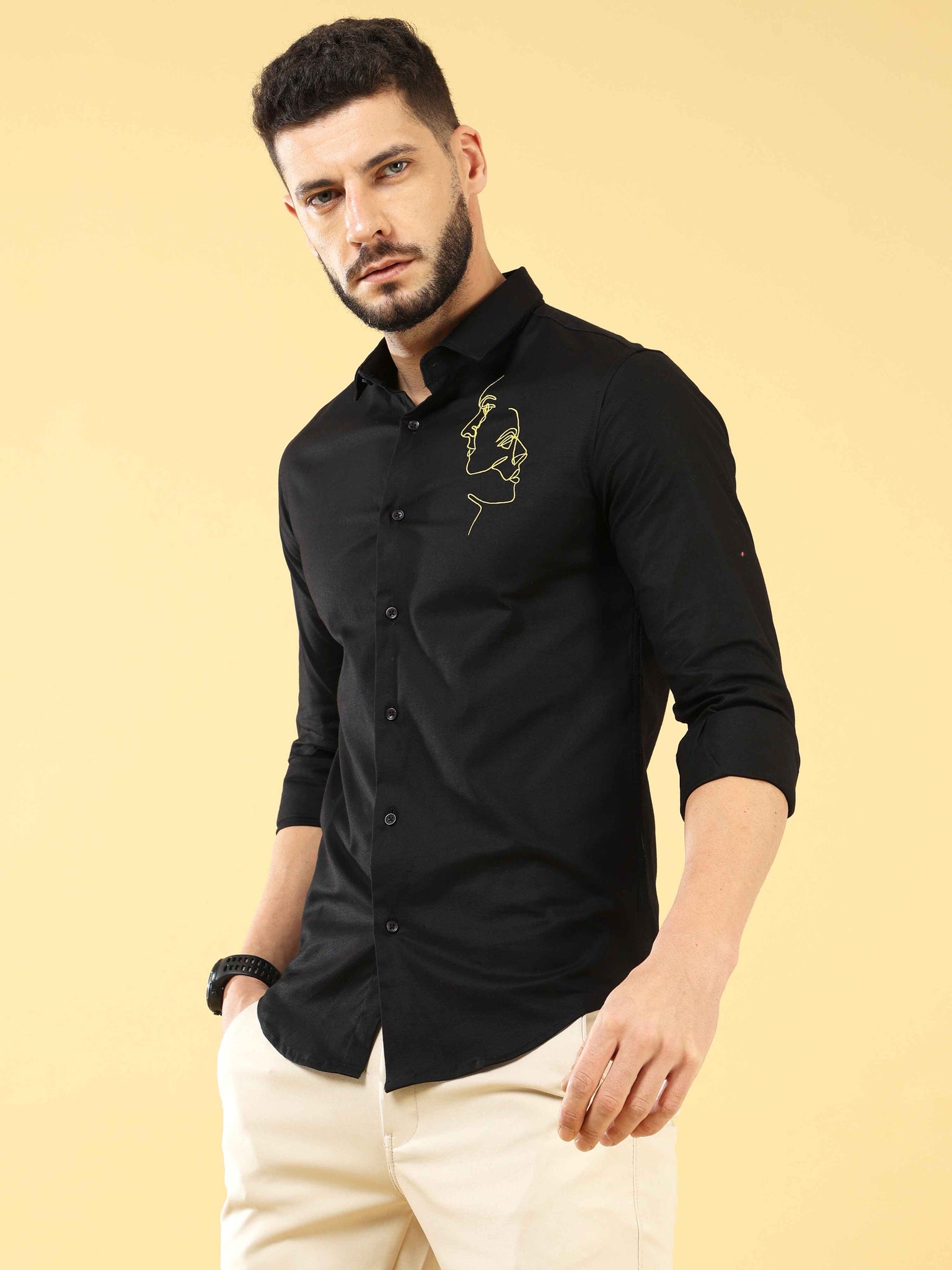 Twin Flame Embroidery Black Shirt
