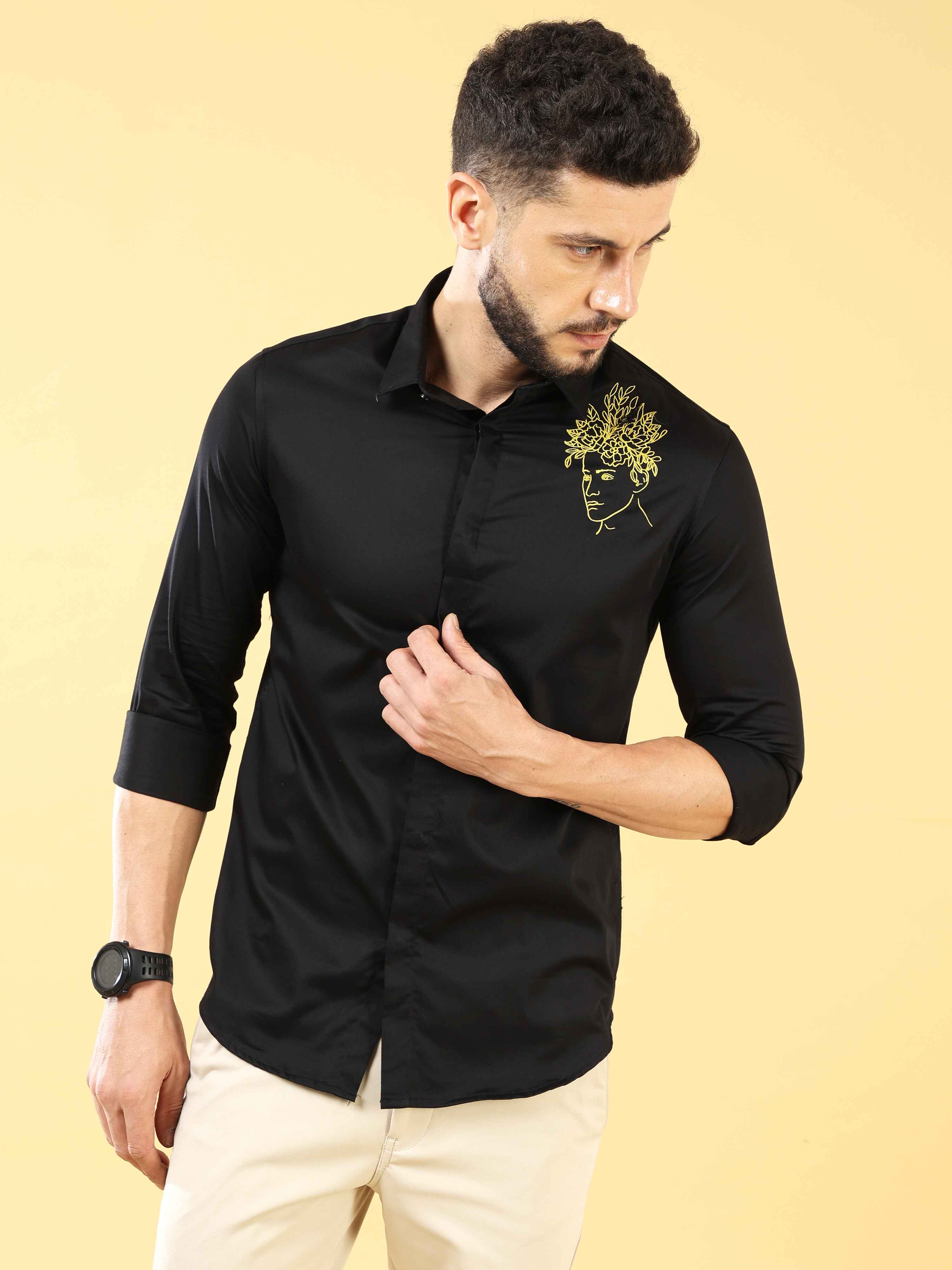 Embrace Floral Embroidery Black Shirt