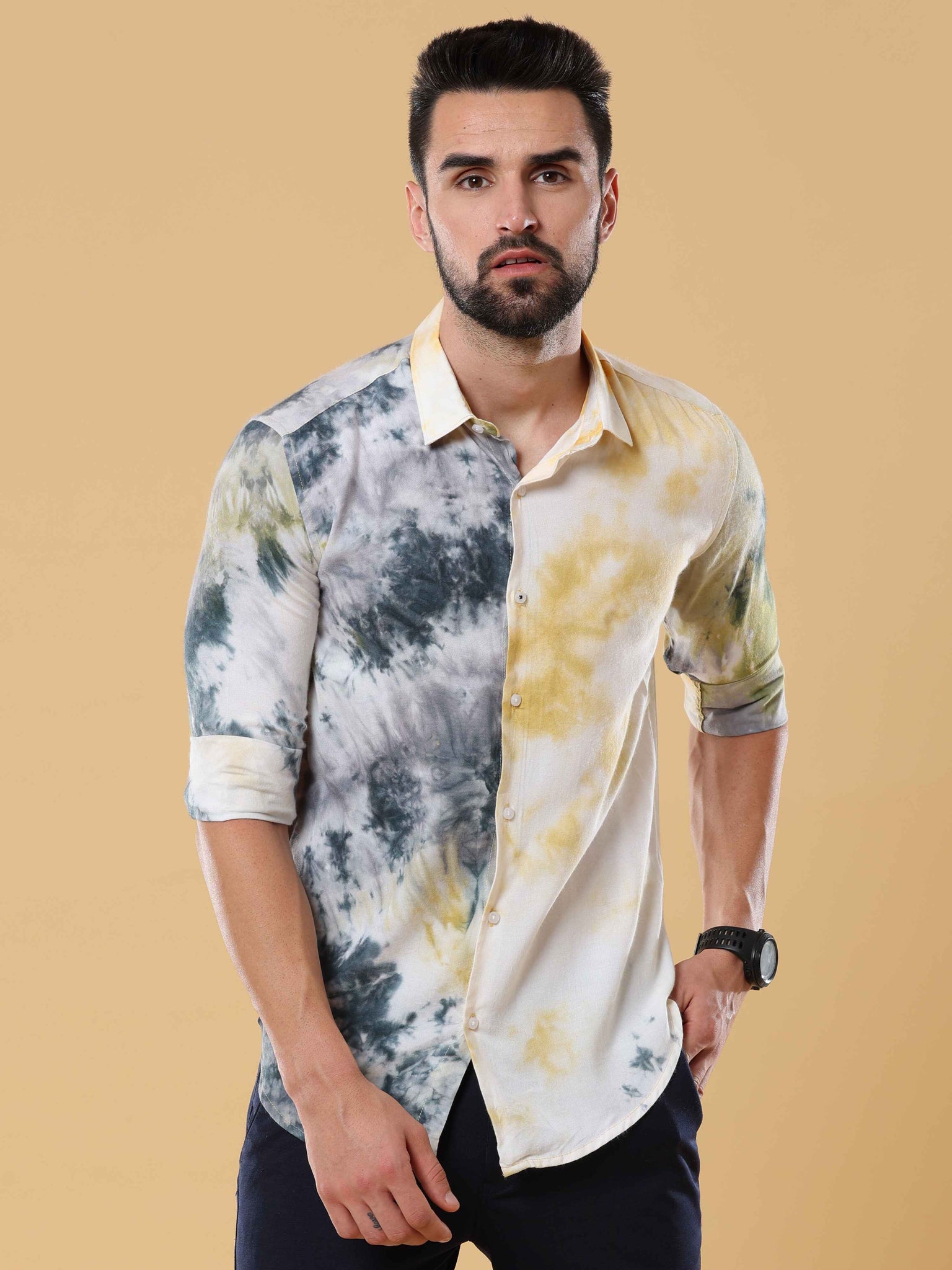 Yellow with Grey Slim Fit Shirt